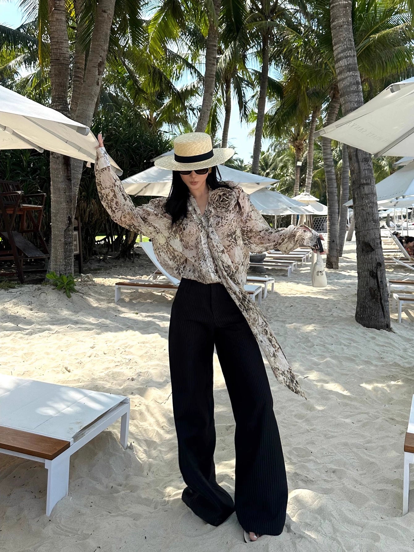 Black Pinstripe Wide Leg Pants