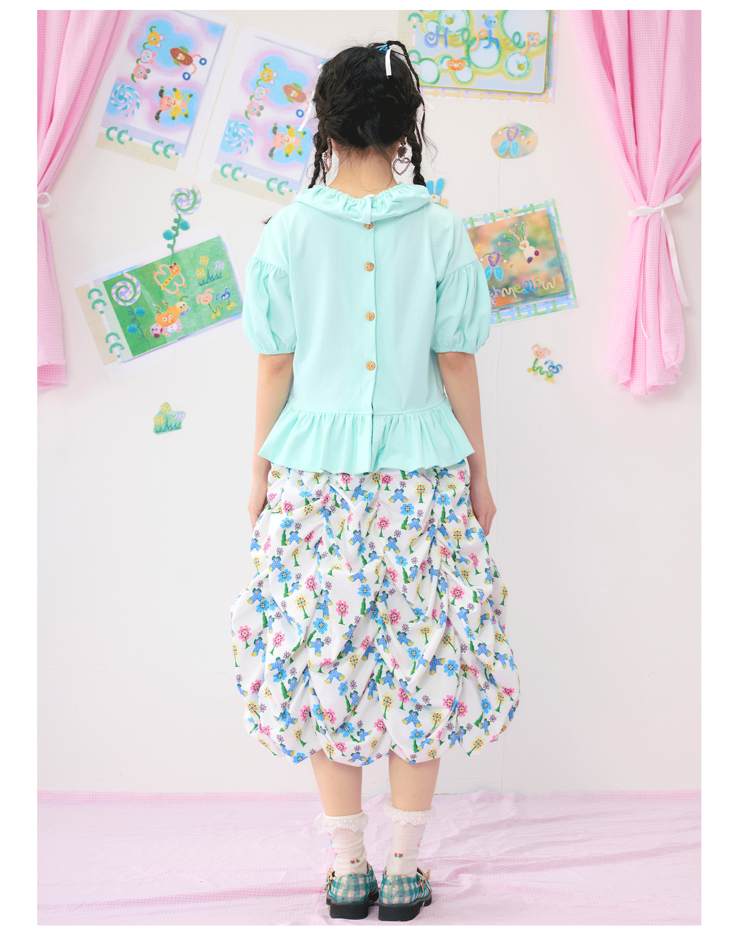 Floral Bear Print Bubble Midi Skirt