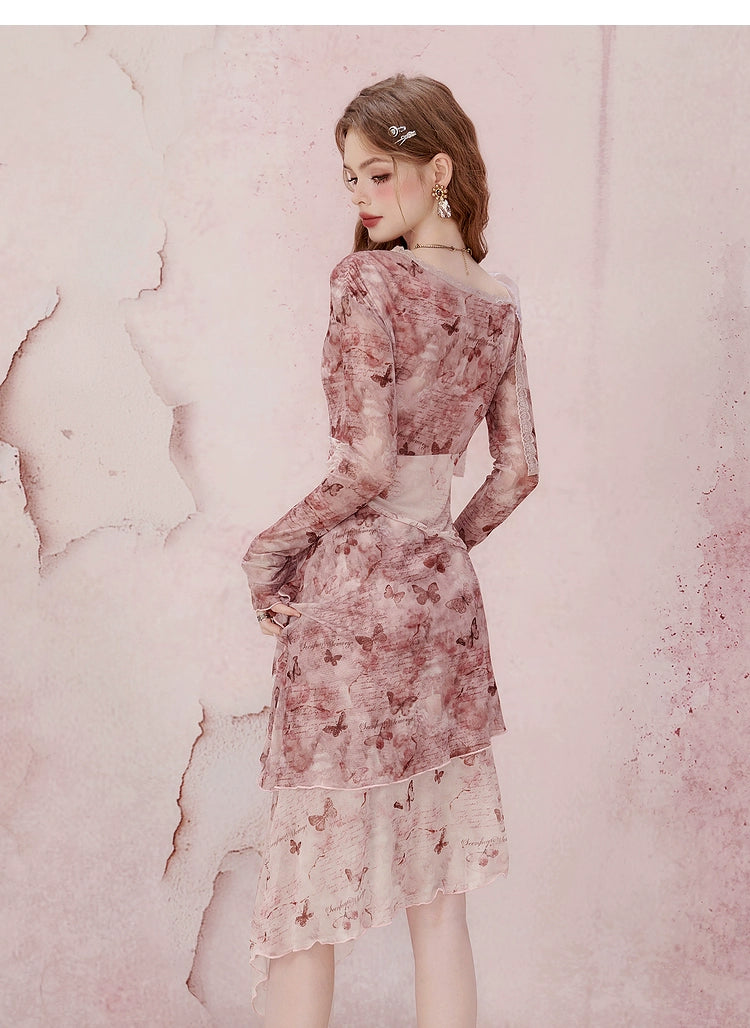 Rosa florale Langarm Midi Kleid