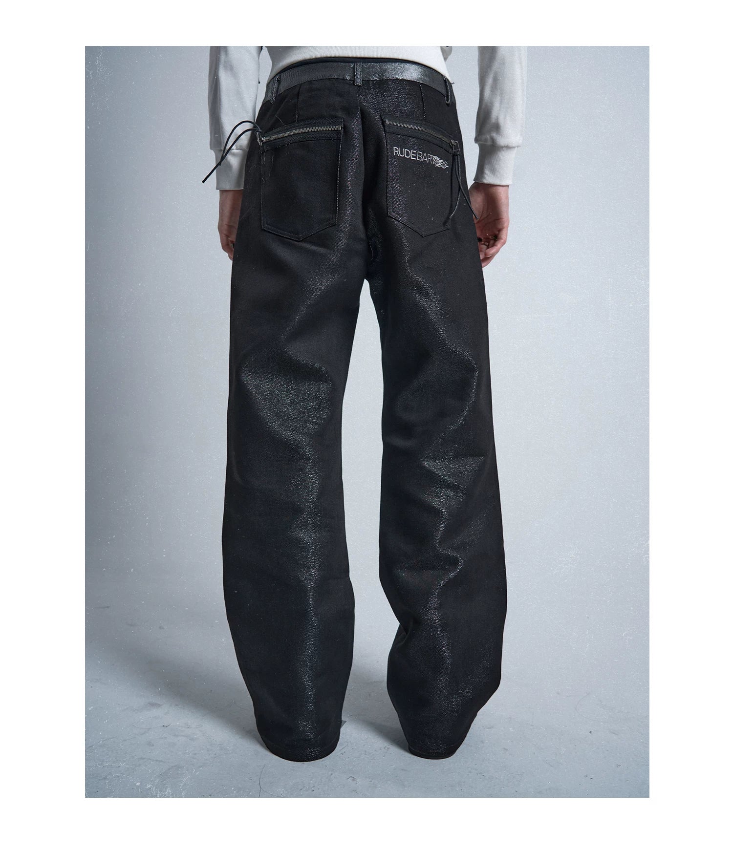 Rudebart Skull Silver‑Yarn Raw Straight Jeans