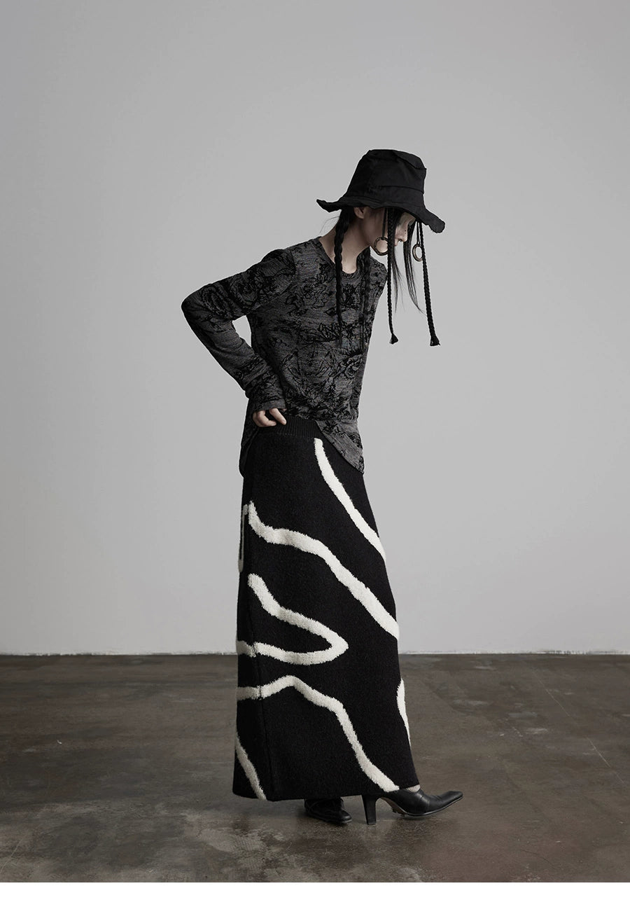 White Striped Black Knit Straight Skirt