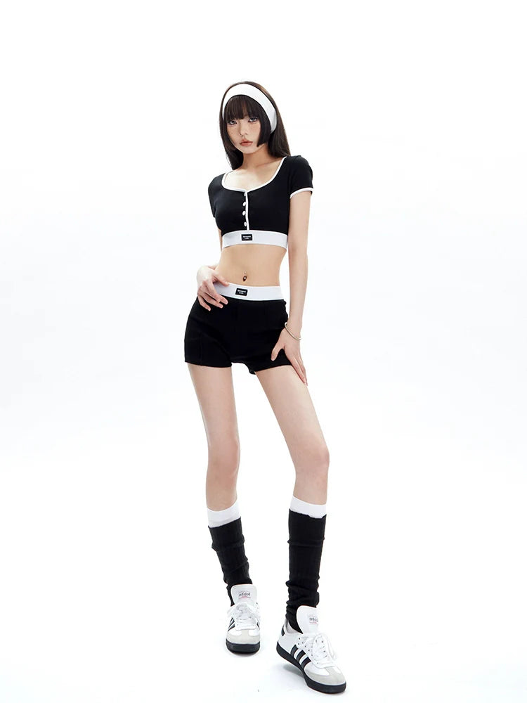 Black and White Contrast Trim Crop Top and Shorts Set