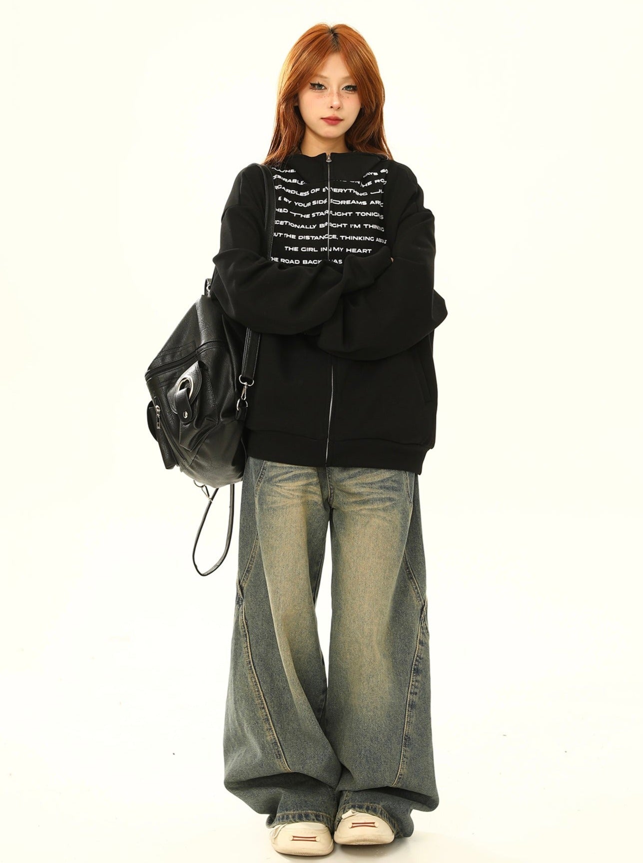 Übergroßes Textdruckzip-up Sweatshirt