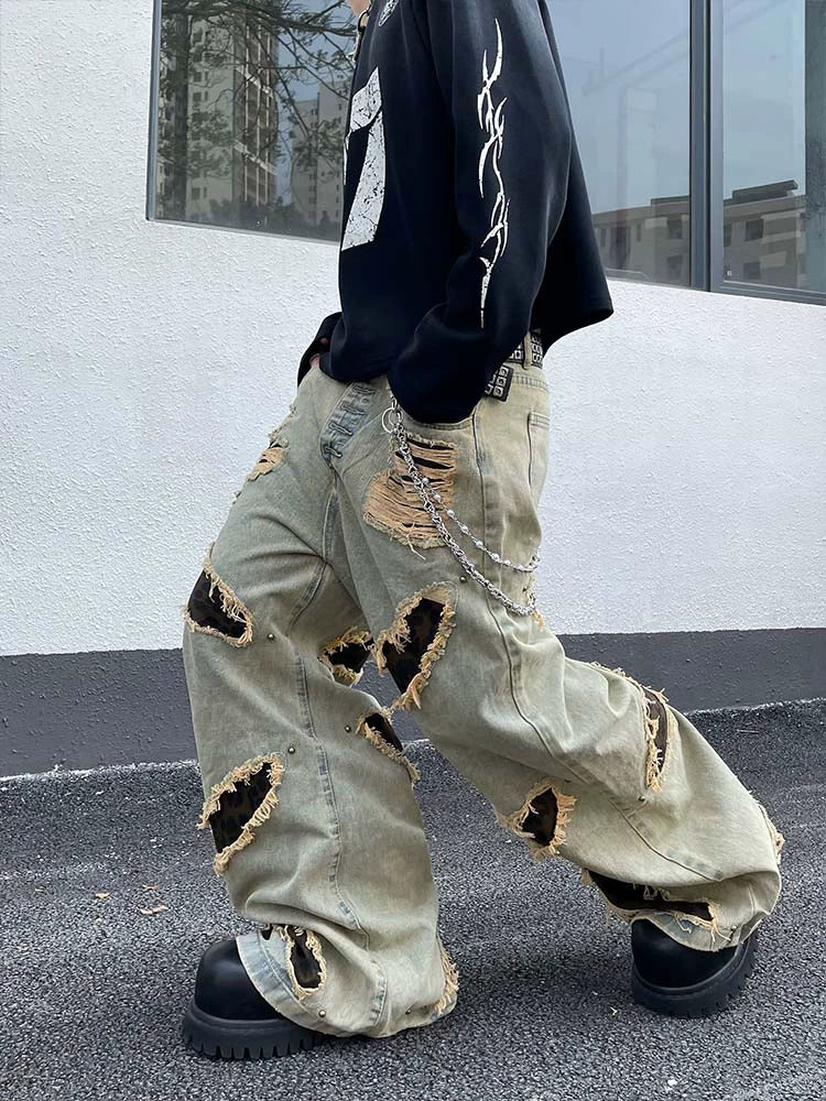 Leopard Mix Patch Destroyed Jeans