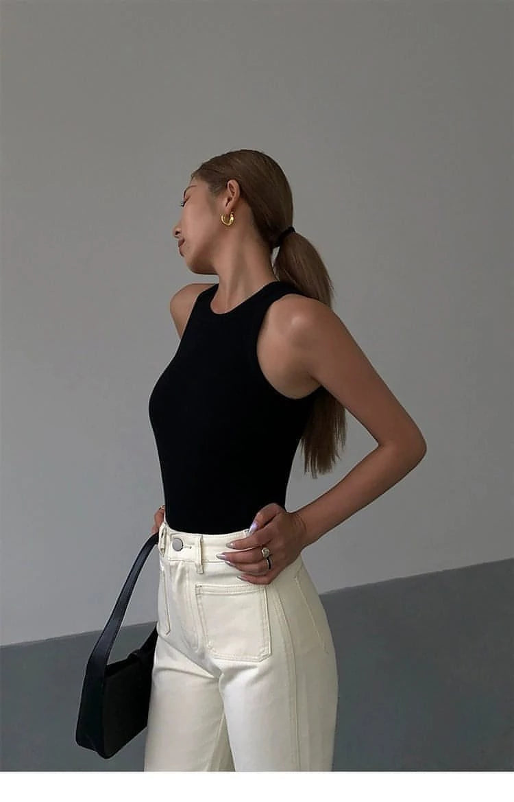 Summer Black Knitted Spaghetti Strap Tank Top - chiclara