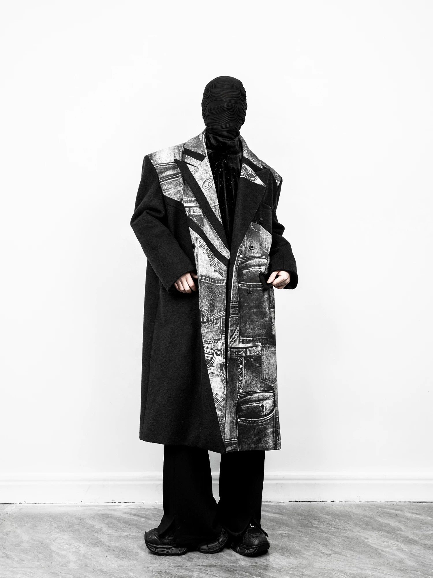 Monochrome Relic Spliced Denim Panel Overcoat