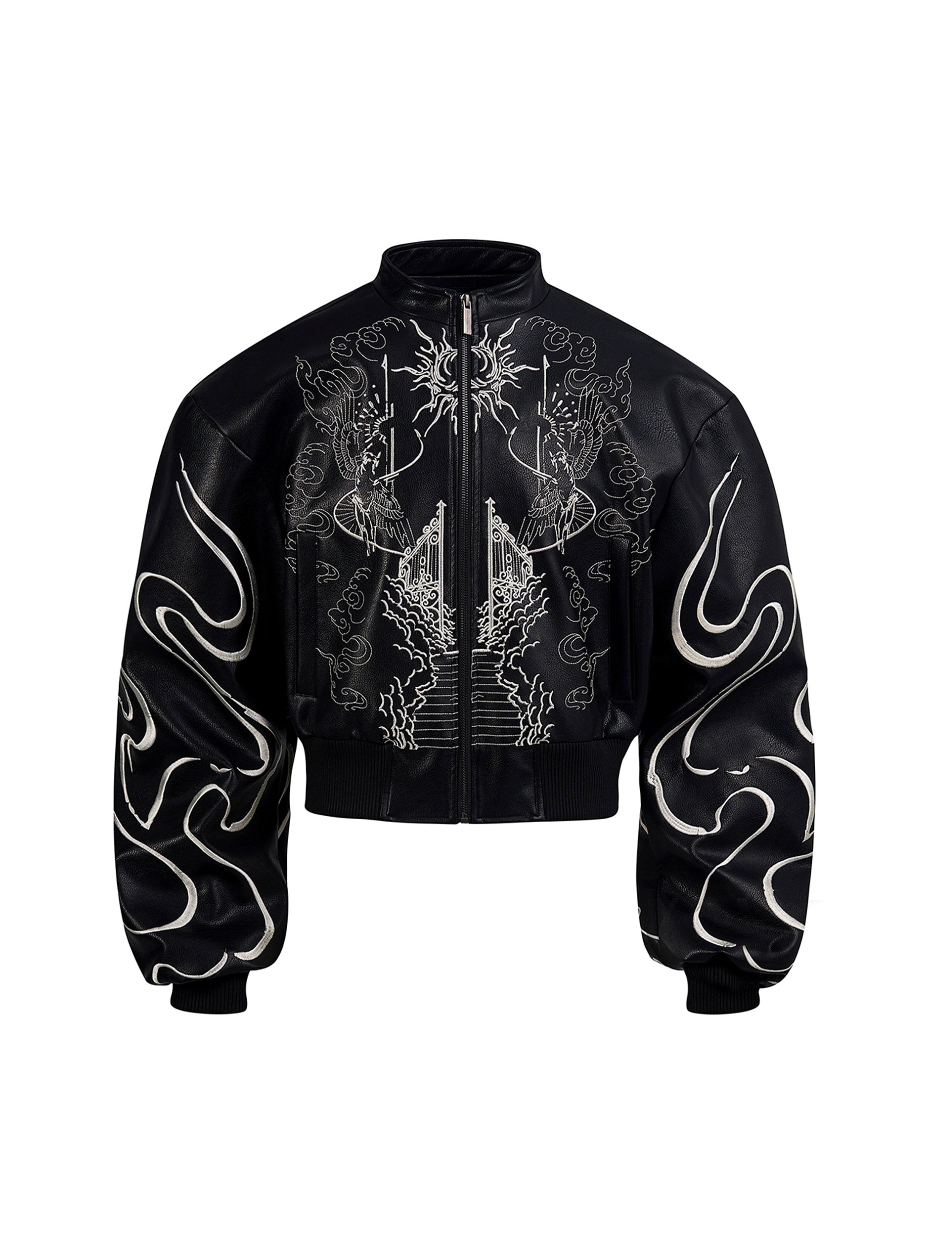 Black Cropped Graphic Leather Jacket