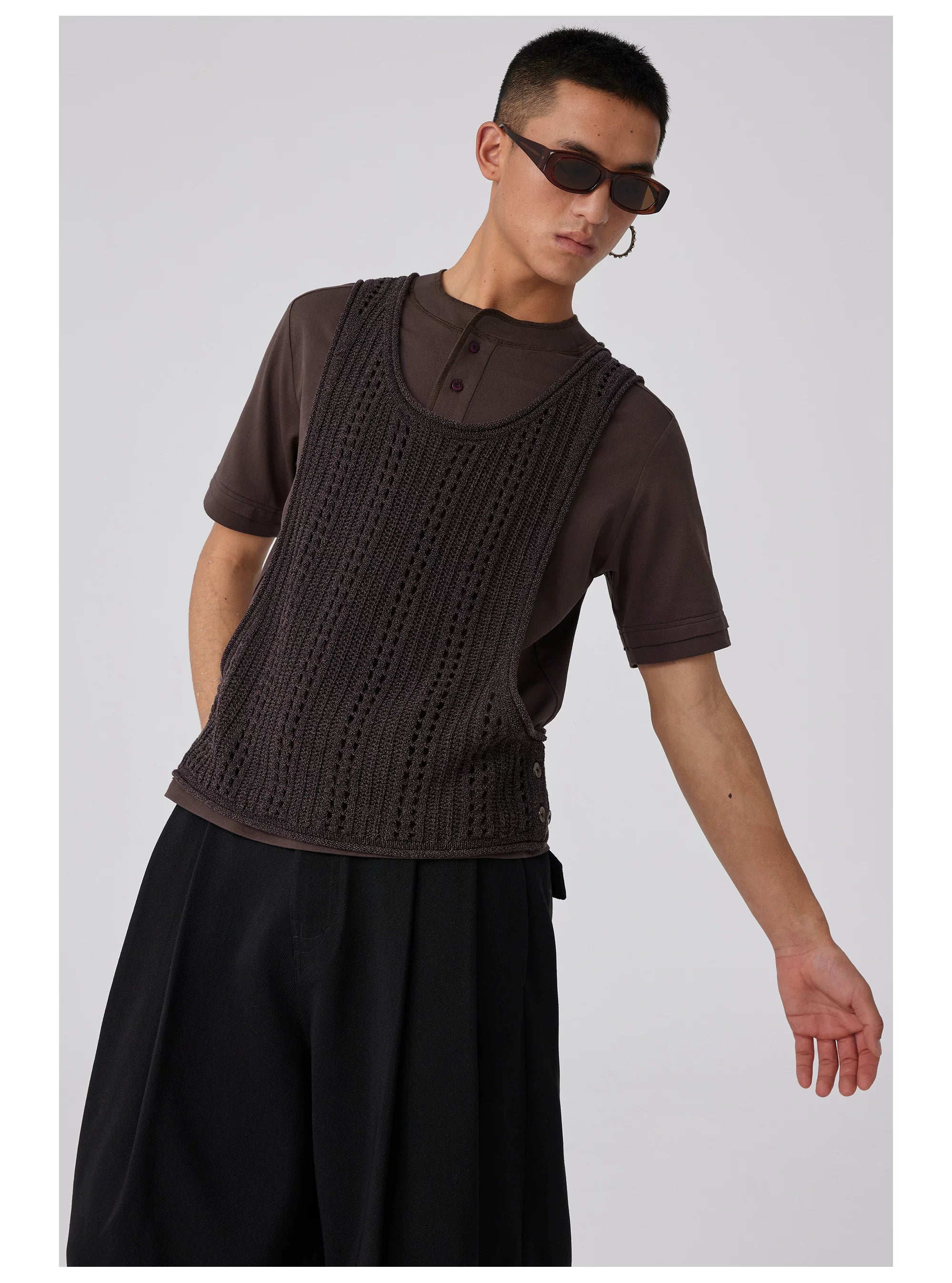 Open-Knit Button-Detail Vest