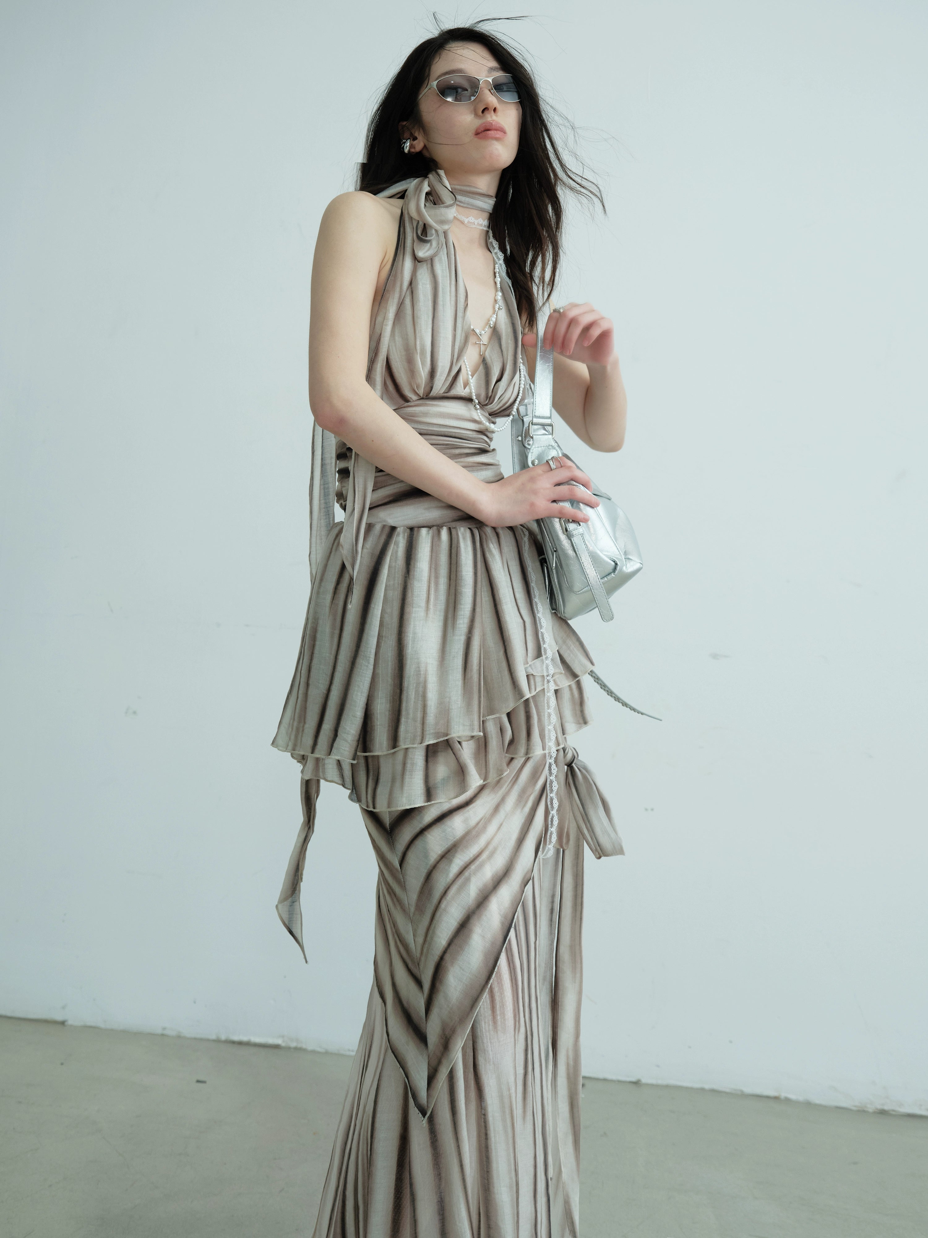Ruched Halter Striped Two-Piece Dress Set