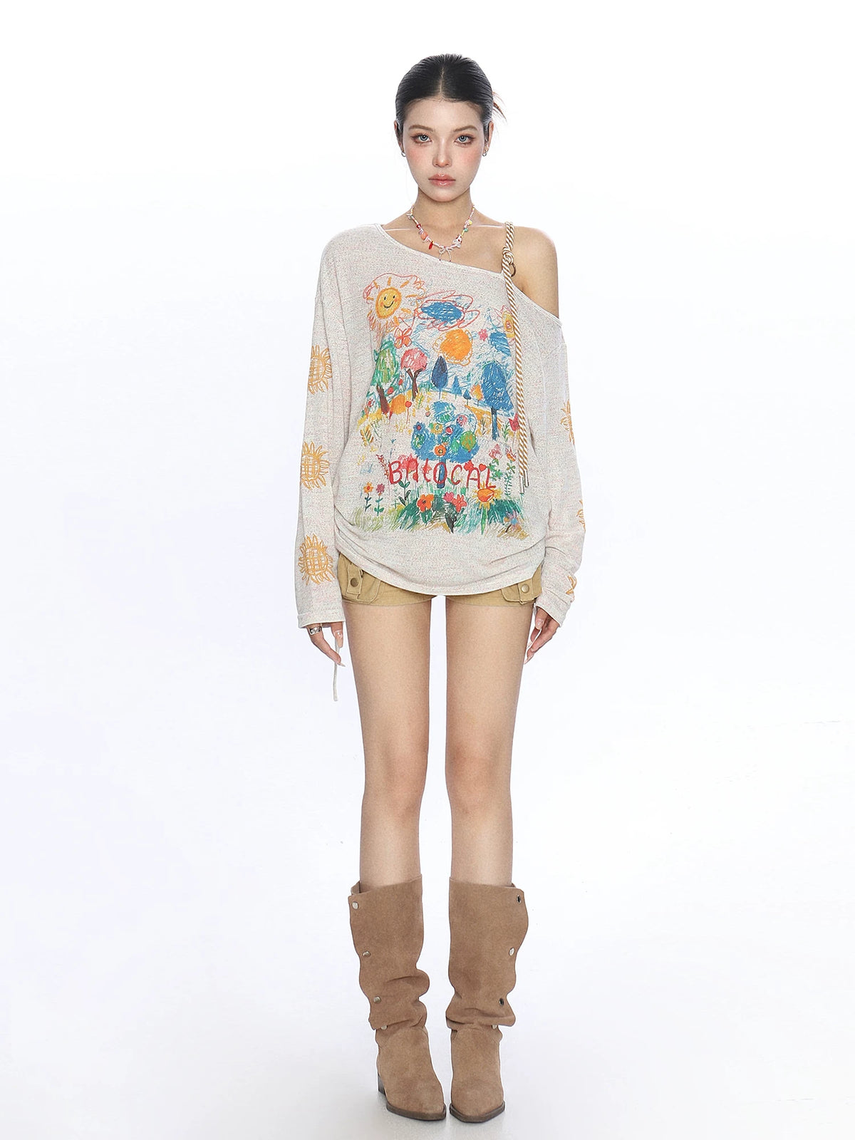Sunlit Sketch Off-Shoulder Graphic Knit Top