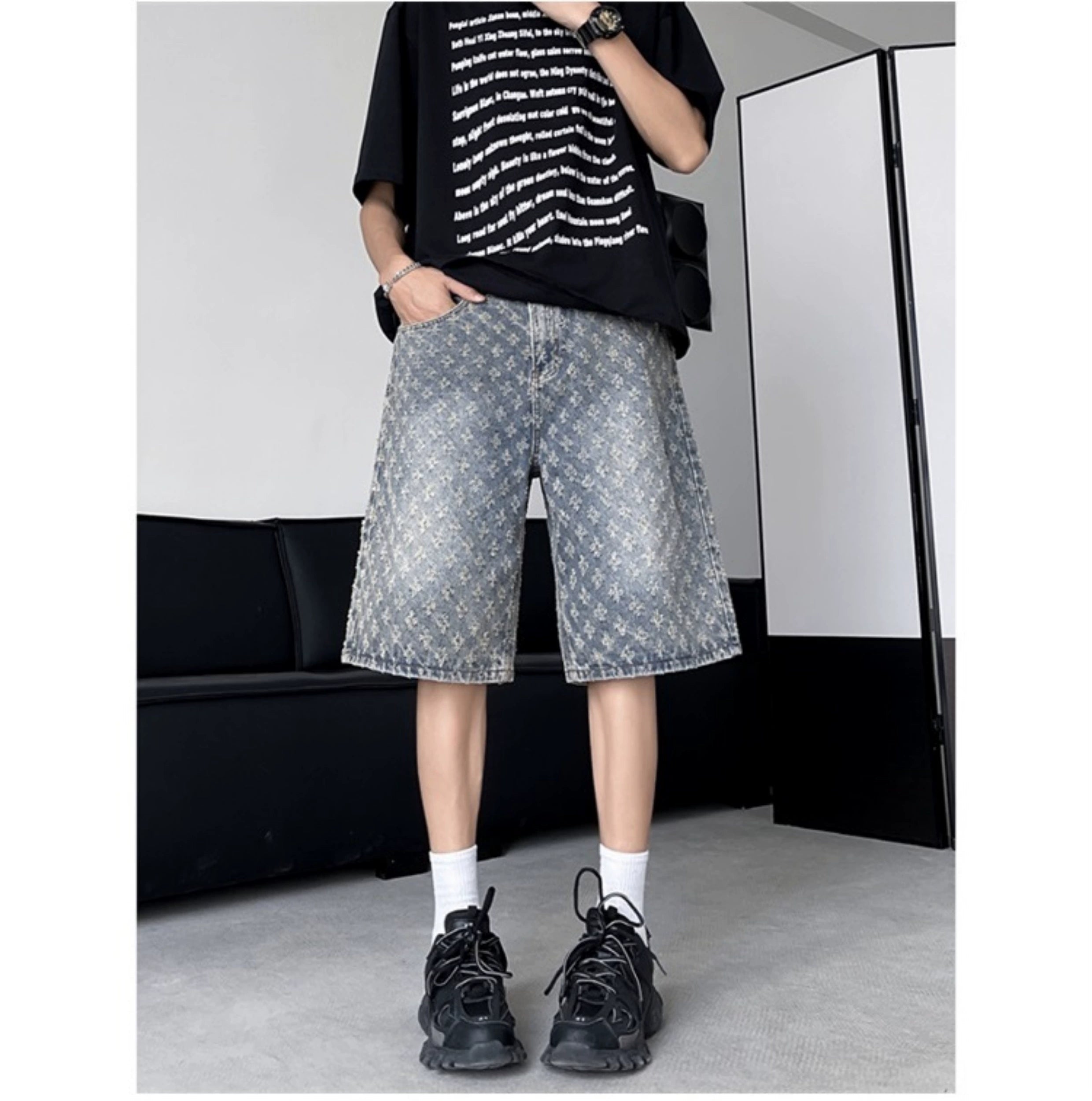 Distressed Wash Denim Shorts with Embroidered Floral Pattern