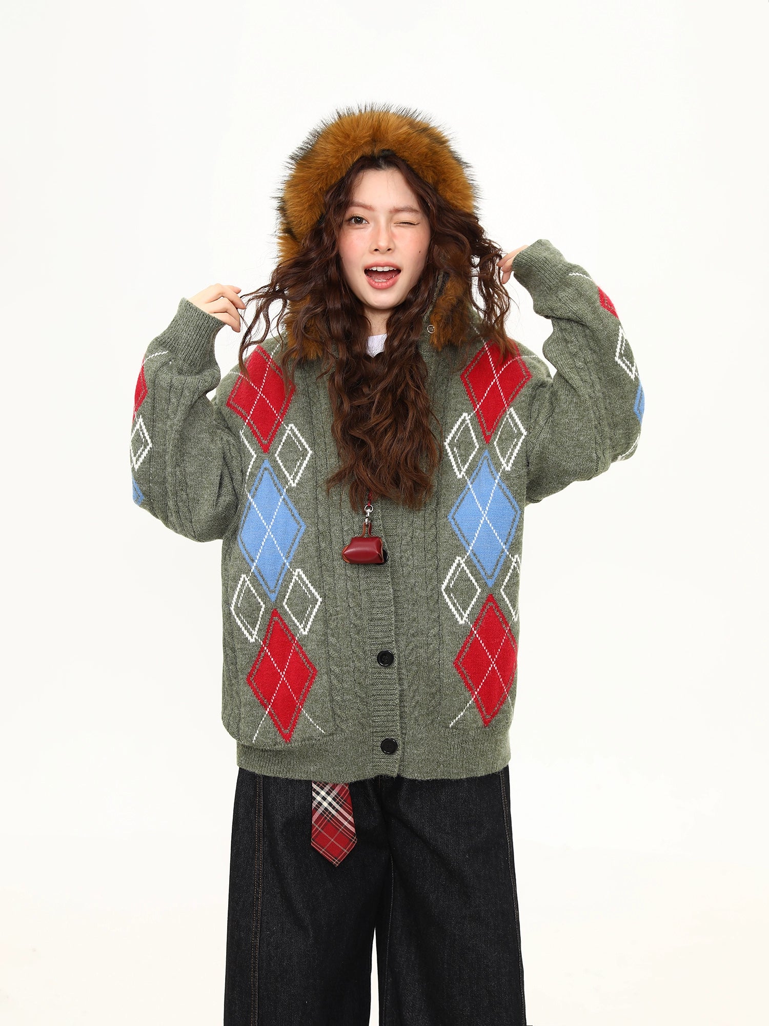 Frosty Argyle Faux-Fur Hood Cardigan