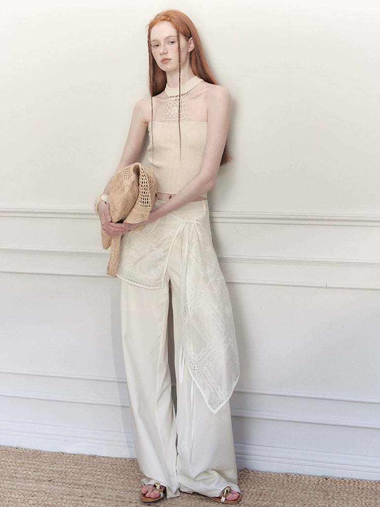 Embroidered Wrap Skirt Wide-Leg Trousers