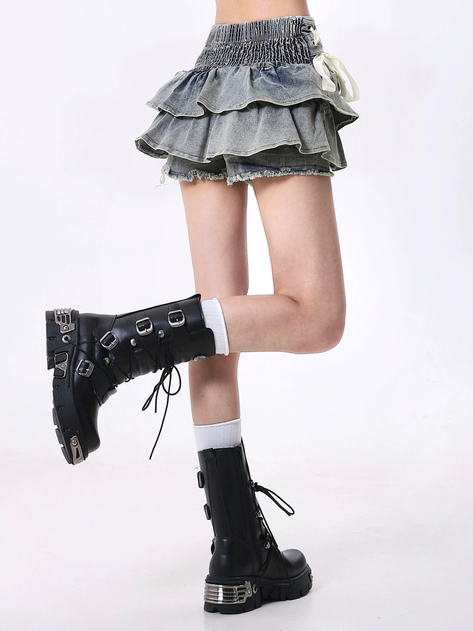 Layered Denim Mini Skirt with Ribbon Ties