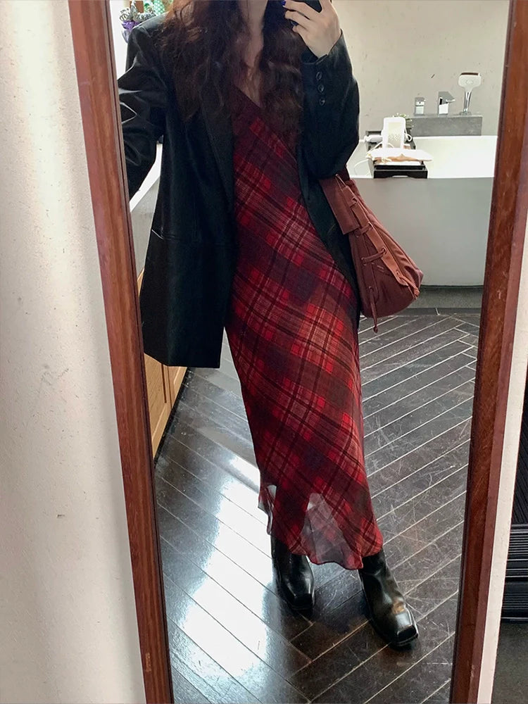 Red Plaid Spaghetti Strap Maxi Dress