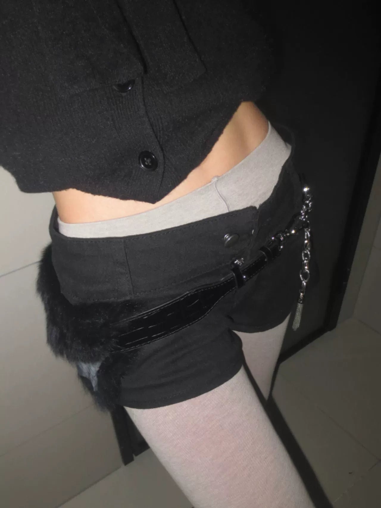 Black Rabbit Fur Crocodile Pattern Chain Belt