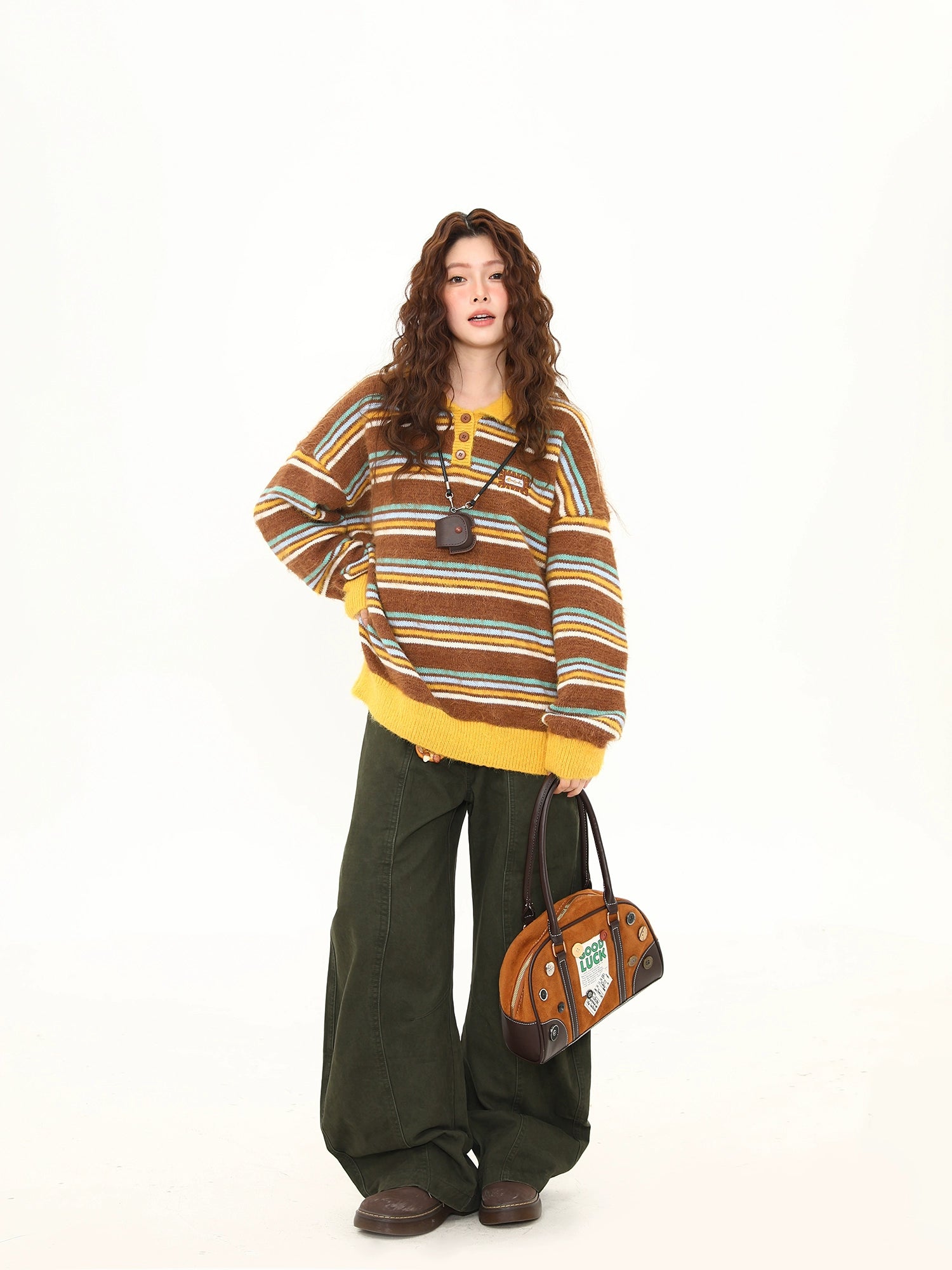 Retro Striped Fuzzy Knit Collared Sweater