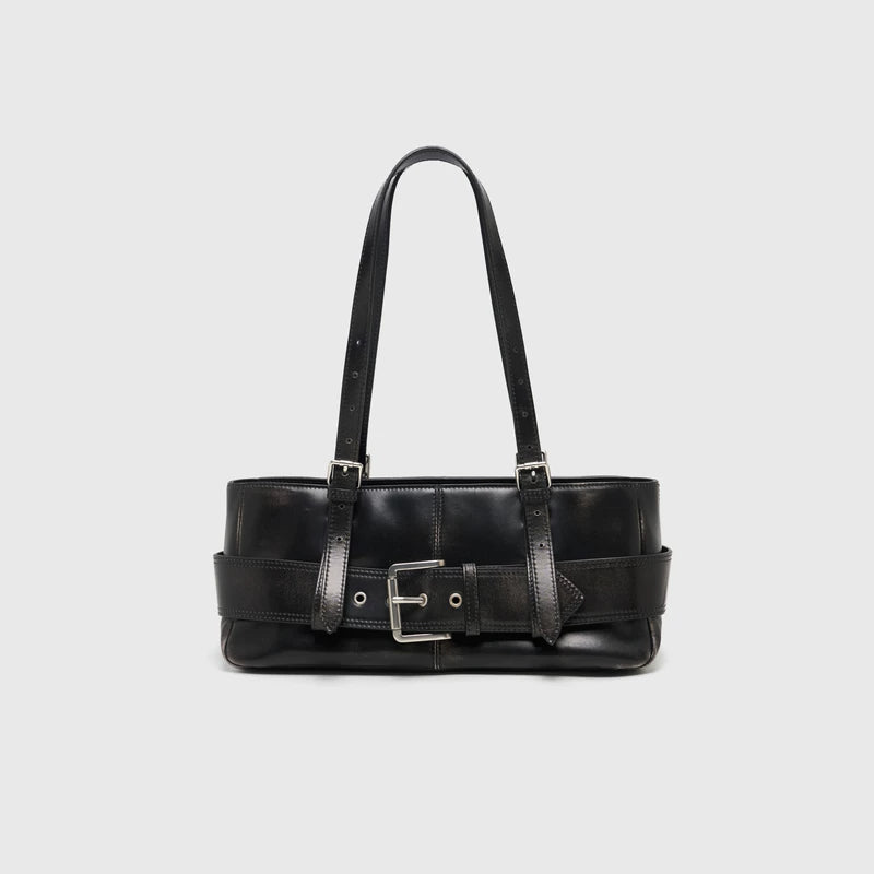 Weathered Buckle Baguette Shoulder Bag - Rubbed Black