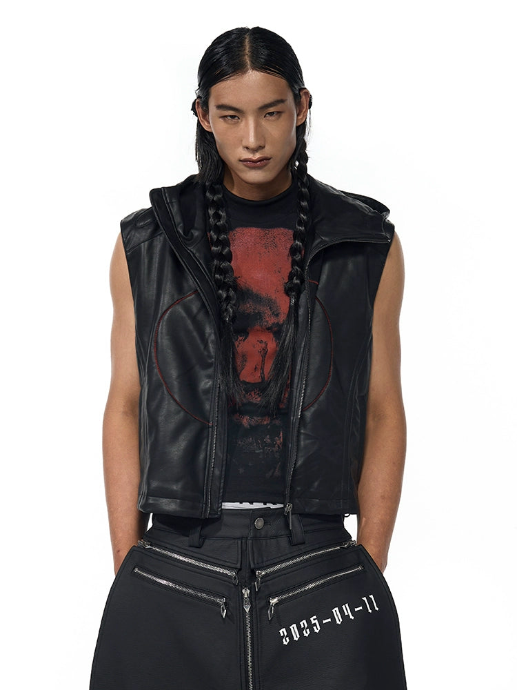 Black Sleeveless Hooded Leather Vest