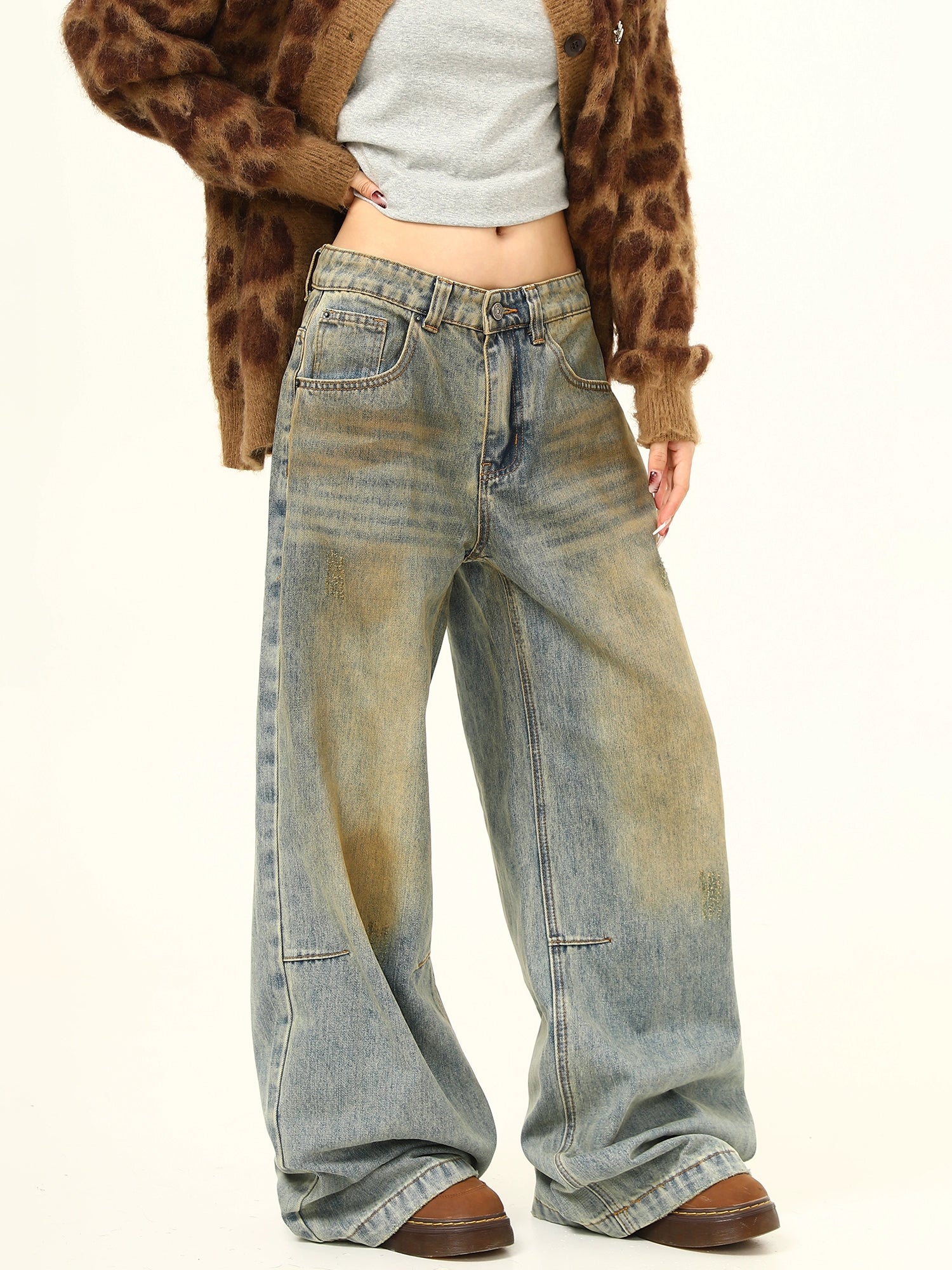 Wide-Leg Distressed Vintage Wash Jeans