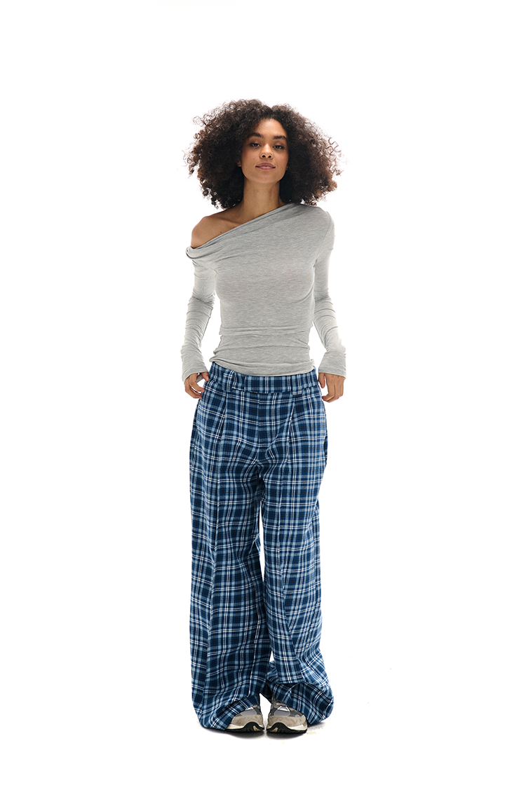 Plaid-Casu-Hosen mit weitem Bein