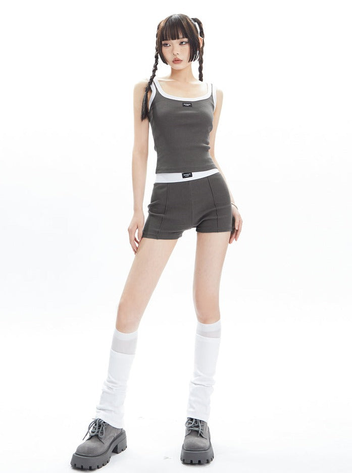 Black and White Contrast Trim Crop Top and Shorts Set