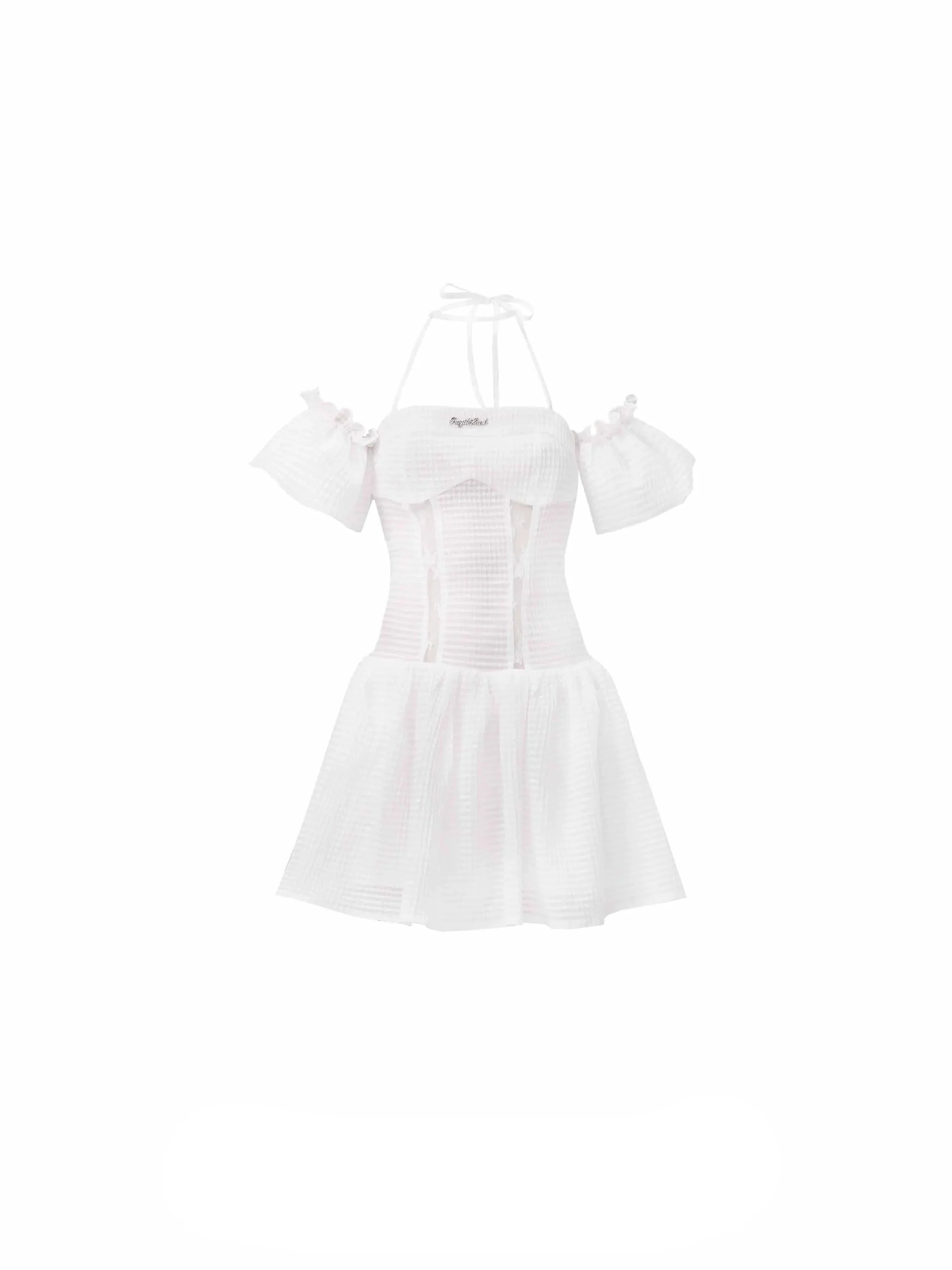 Weiße Ötenspitze Off-Shoulder Mini-Kleid mit Halsnackendetails