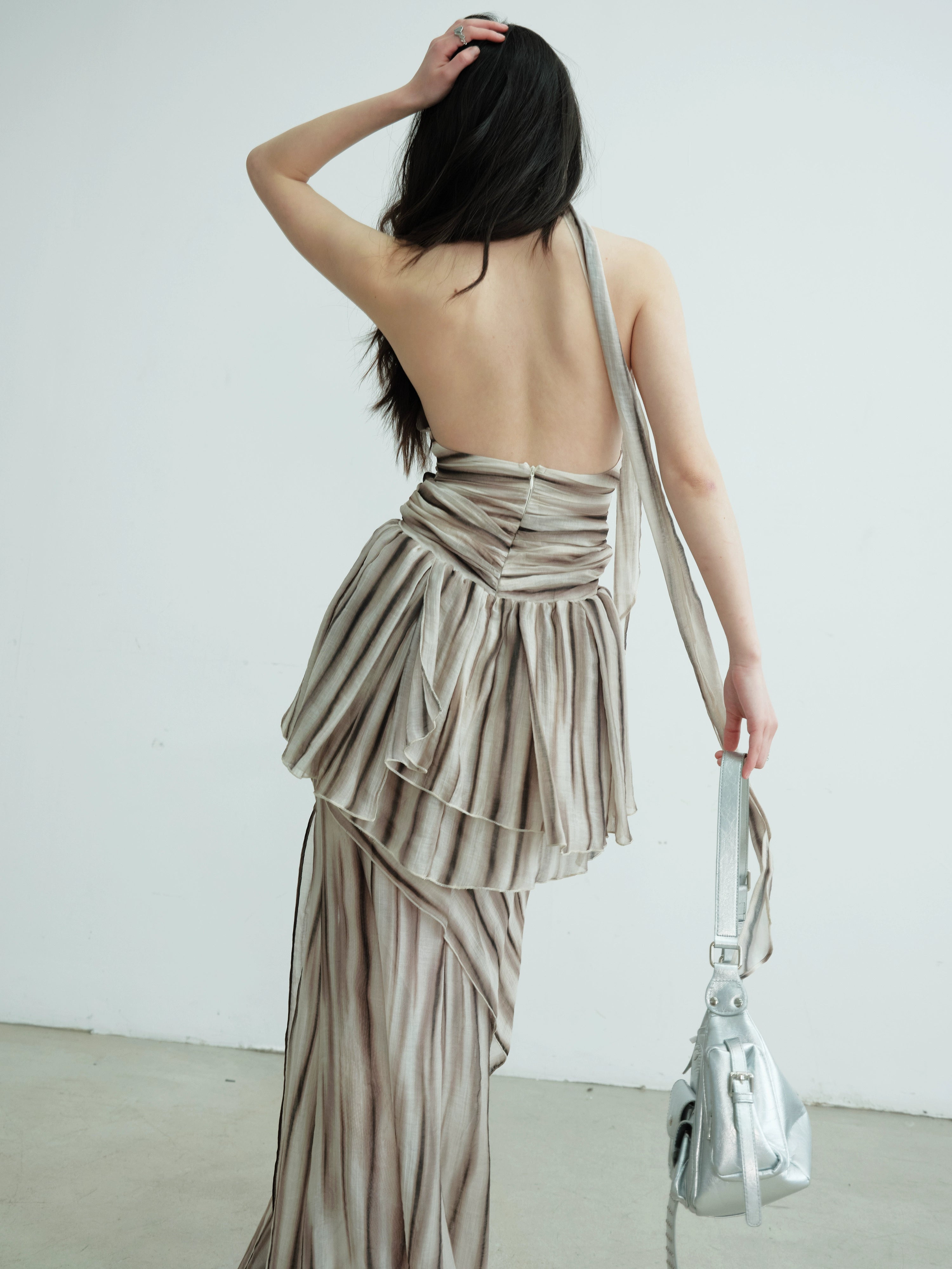 Ruched Halter Striped Two-Piece Dress Set