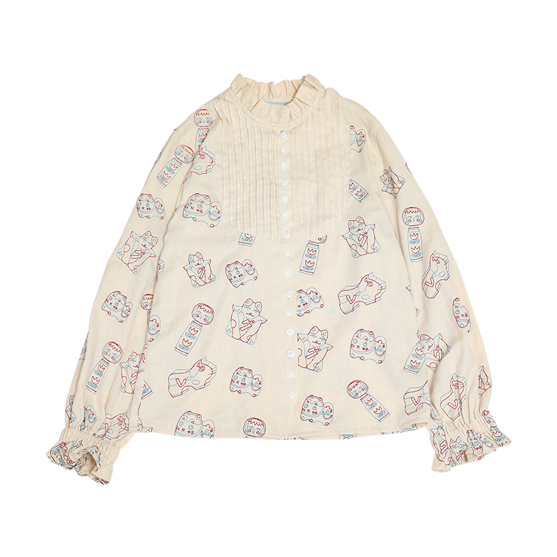Lucky Cat Print Ruffle Blouse