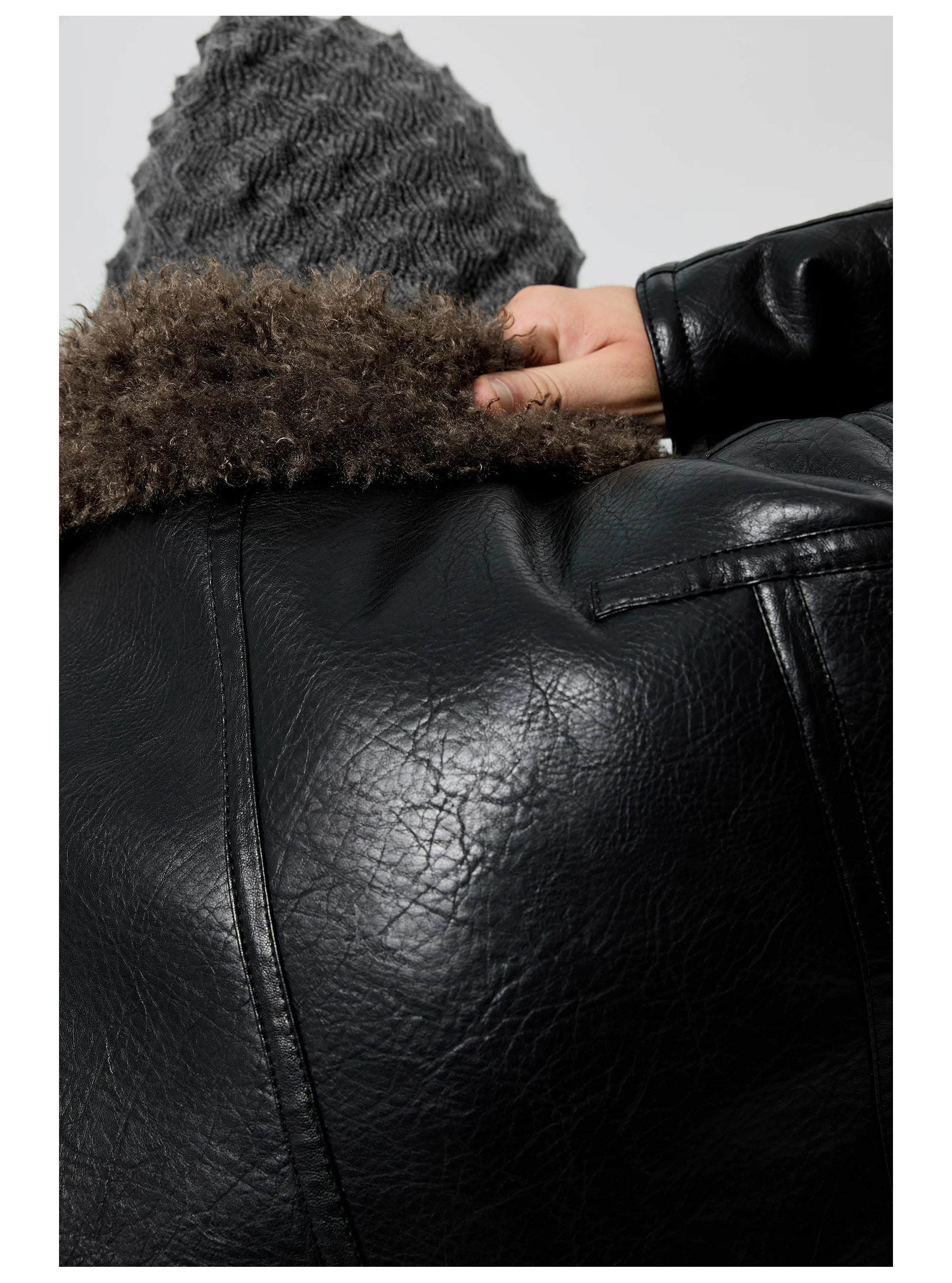 Oversized Faux Leather Jacket with Shearling Collar