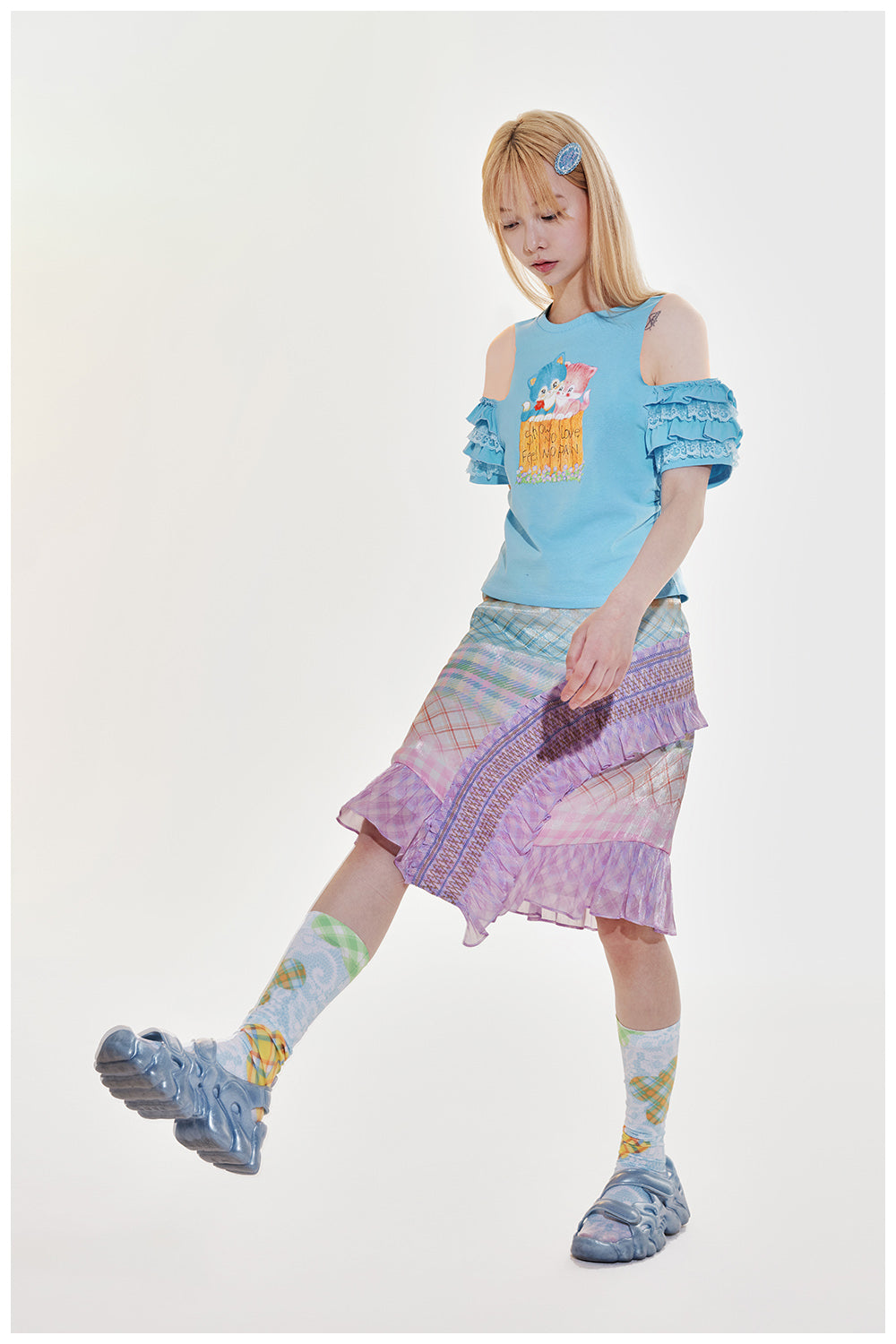 Kitty Print Ruffle Cold Shoulder and T-Shirt