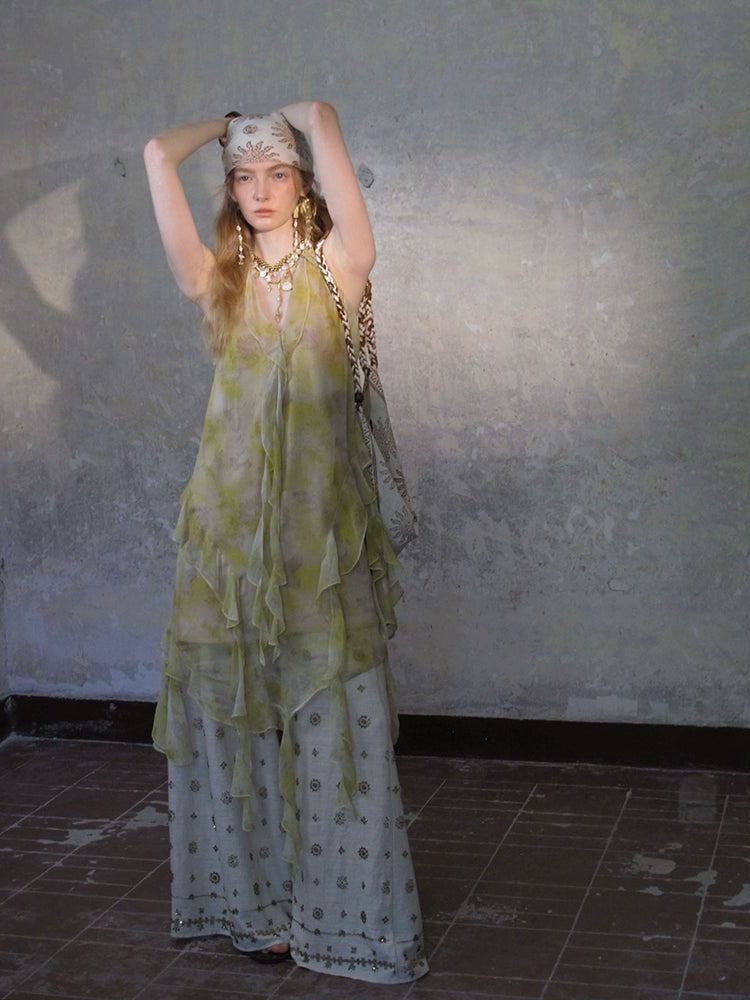 Wide-Leg Embroidered Linen Pants and Suit
