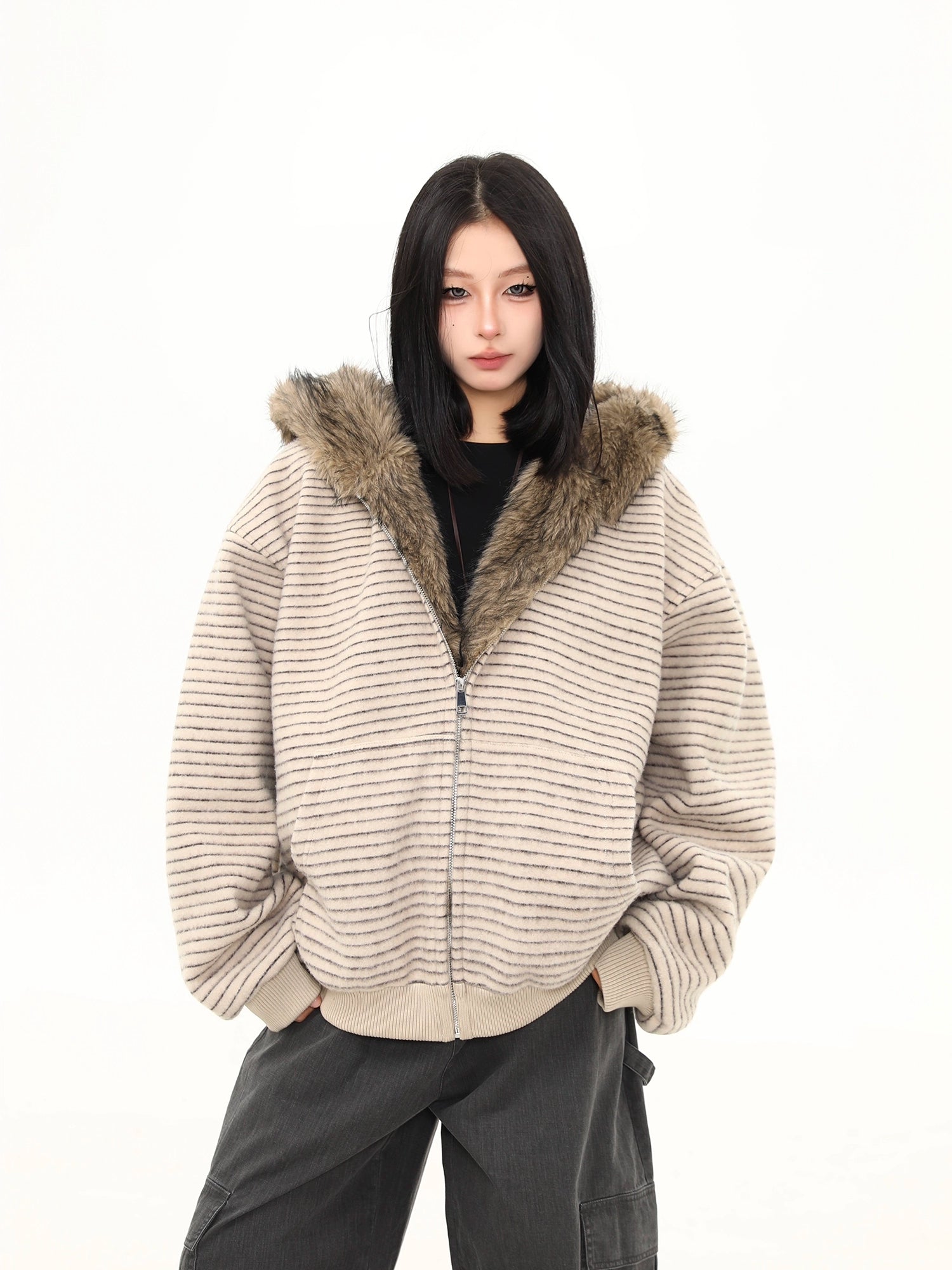 Frost Ridge Striped Faux Fur Hoodie Jacket