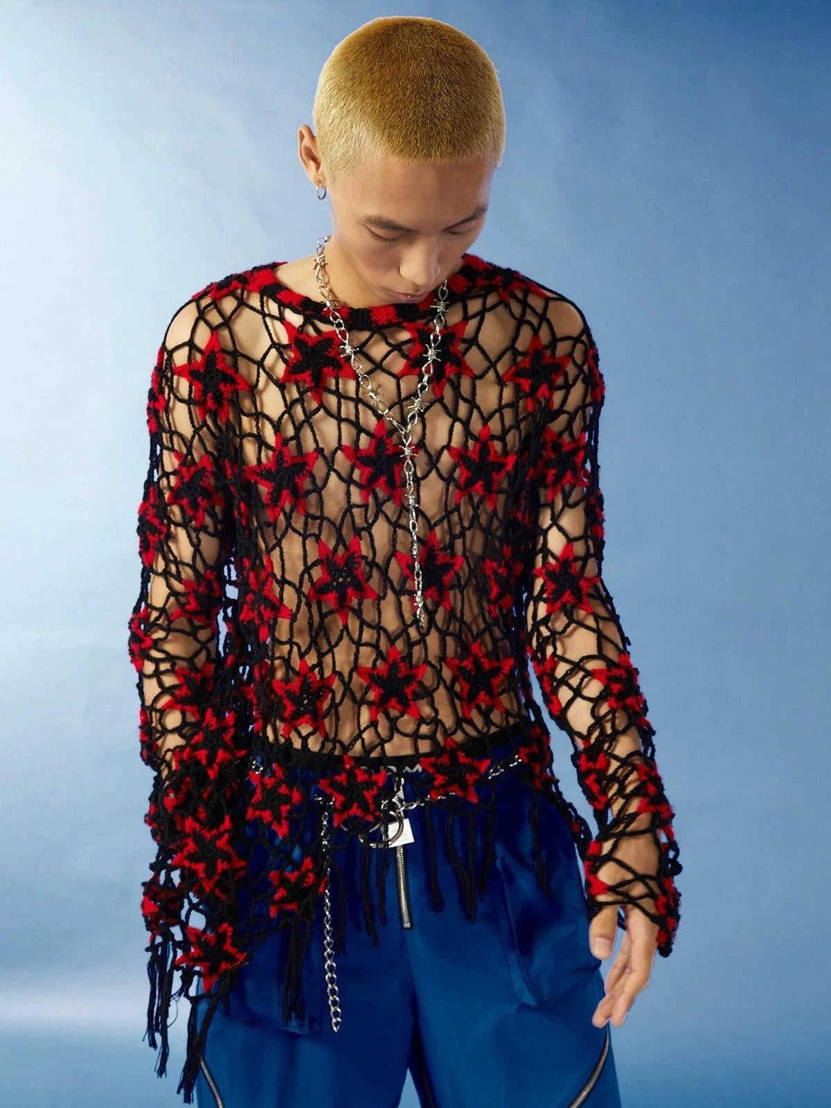 Red and Black Floral Crochet Sweater - chiclara