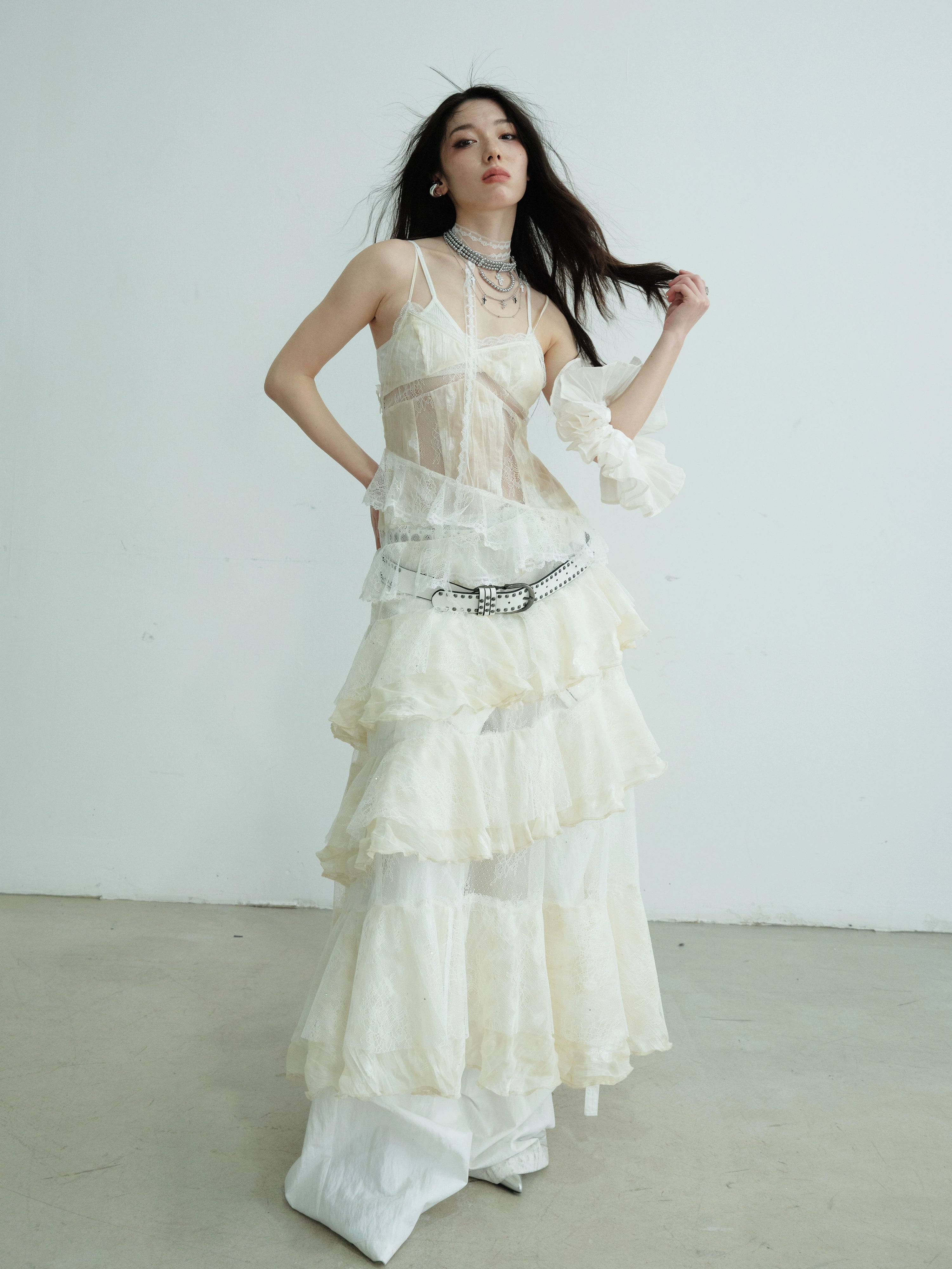 Tiered Ruffle Lace Maxi Slip Dress