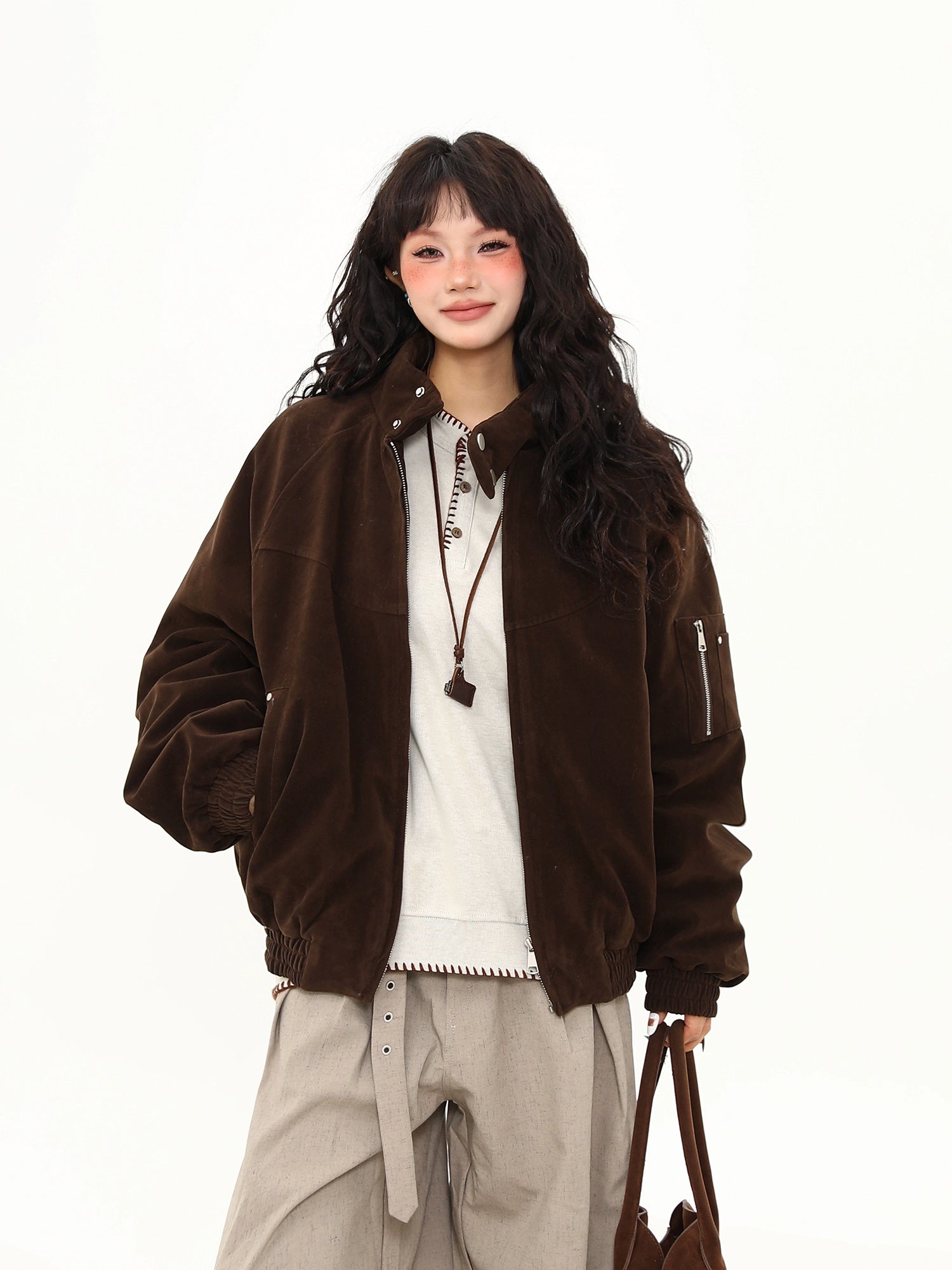 Velvet Stand-Collar Bomber Jacket