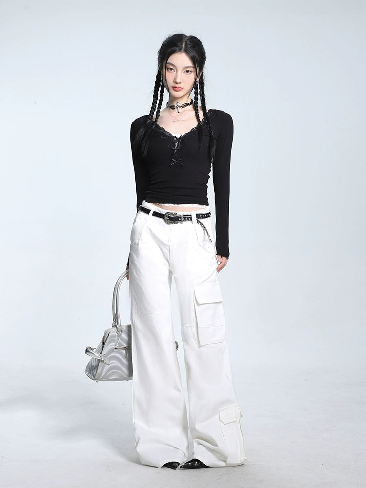 리본 레이스 트림 V넥 롱슬리브 니트 스웨터