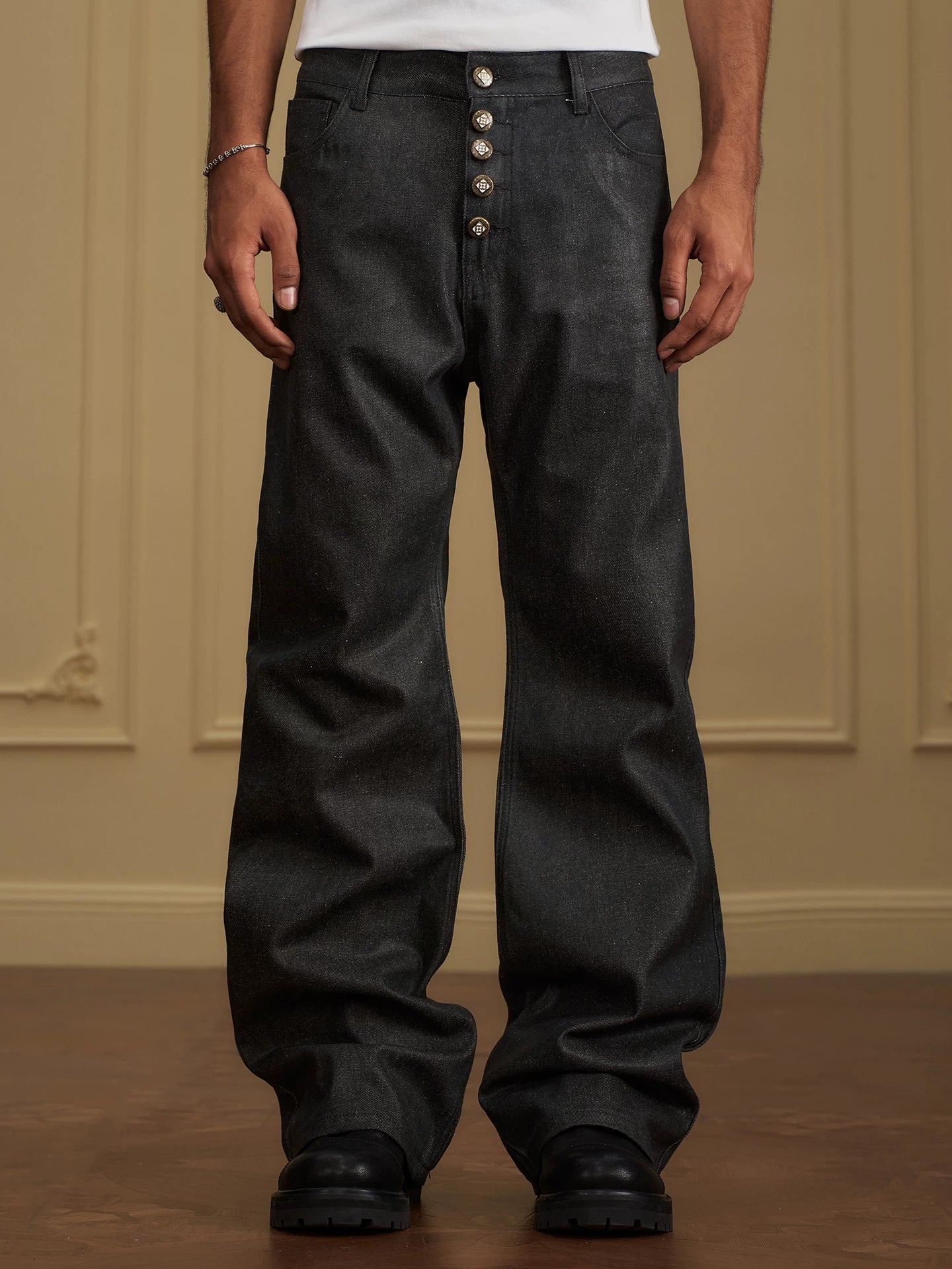 Button Fly Waxed Wide Leg Jeans