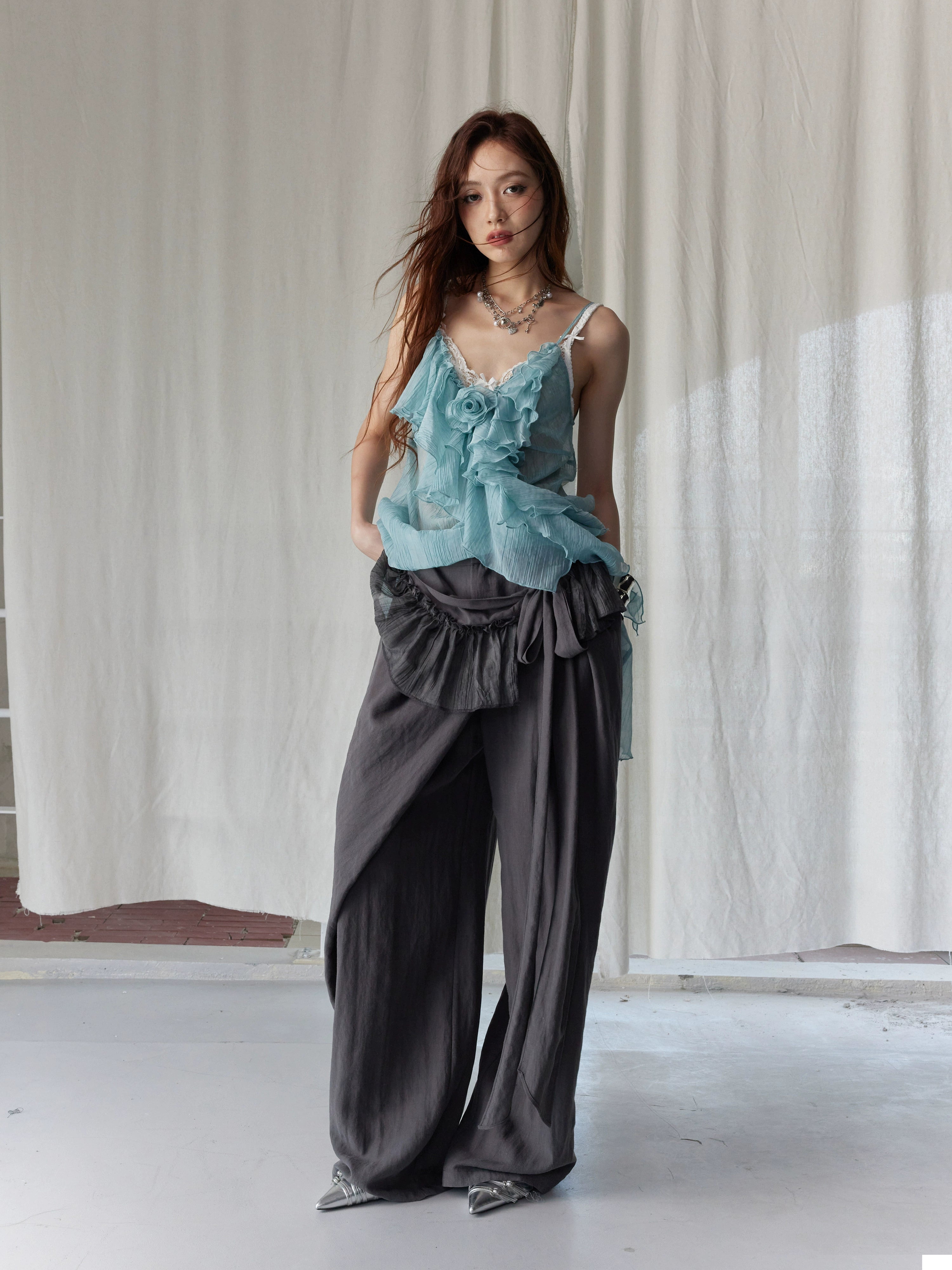 Ruffle Waist Wide-Leg Palazzo Pants