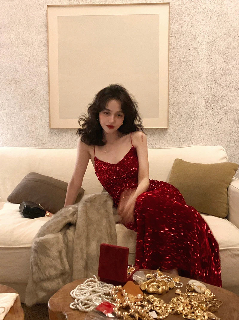 Sequin Spaghetti Strap Long Gown