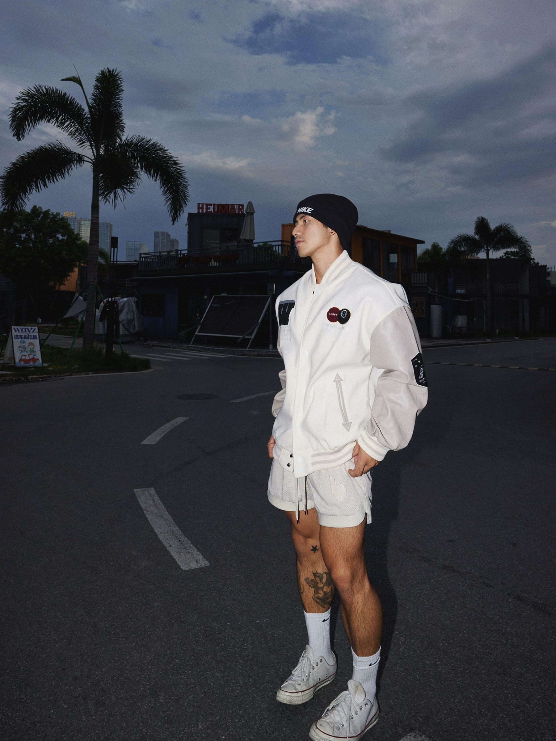 Ivory Varsity Patch Bomber Jacket