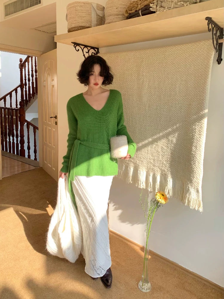 Ribbed Knit Sweater with Skinny Scarf