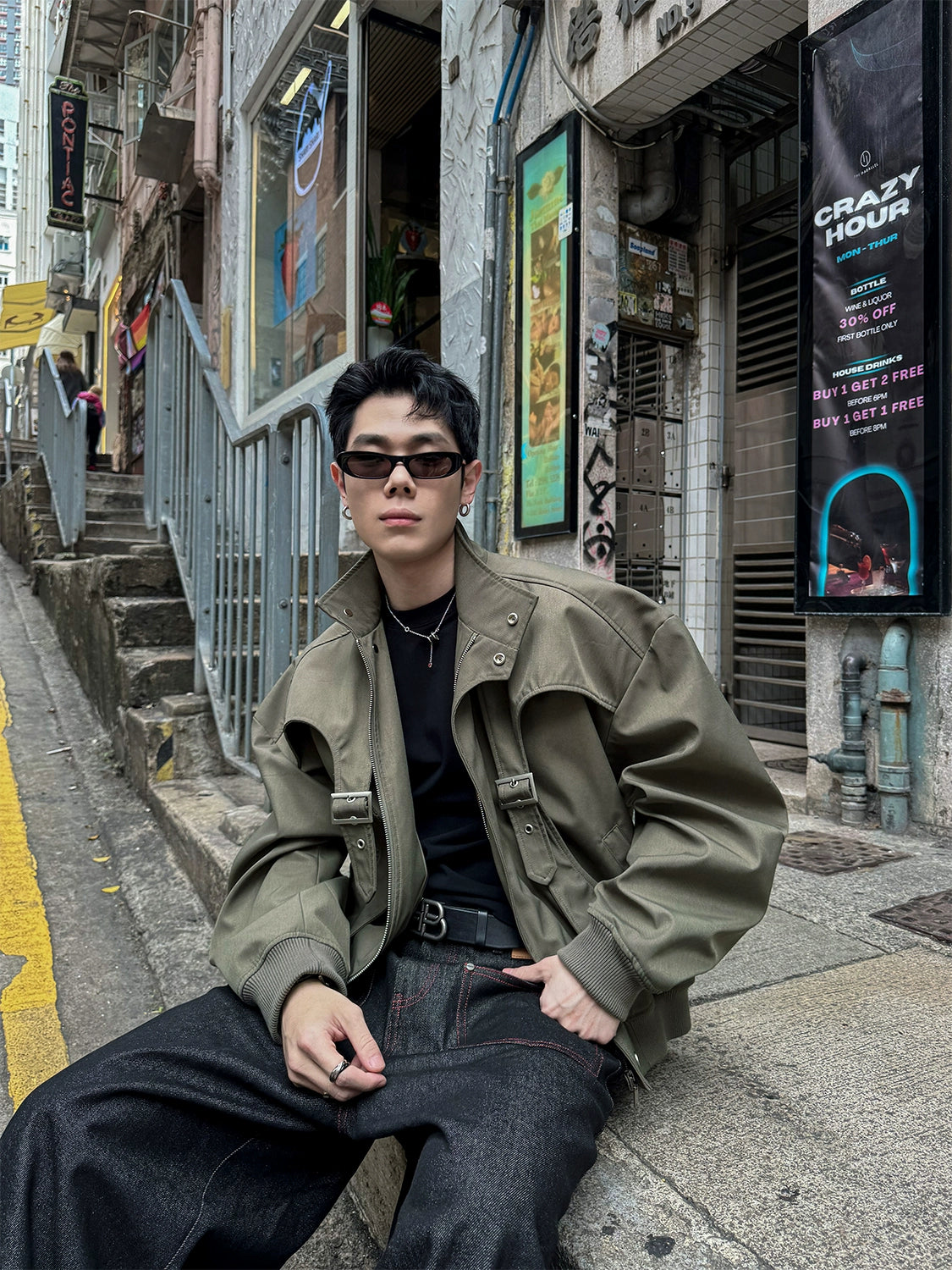 Olive Buckle Arc Bomber Jacket