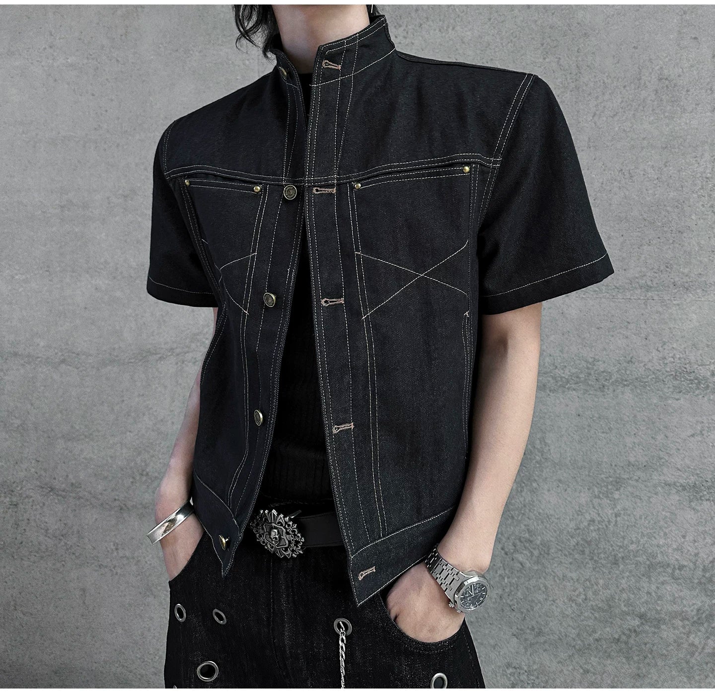 Iron Grid High-Collar Utility Denim Jacket