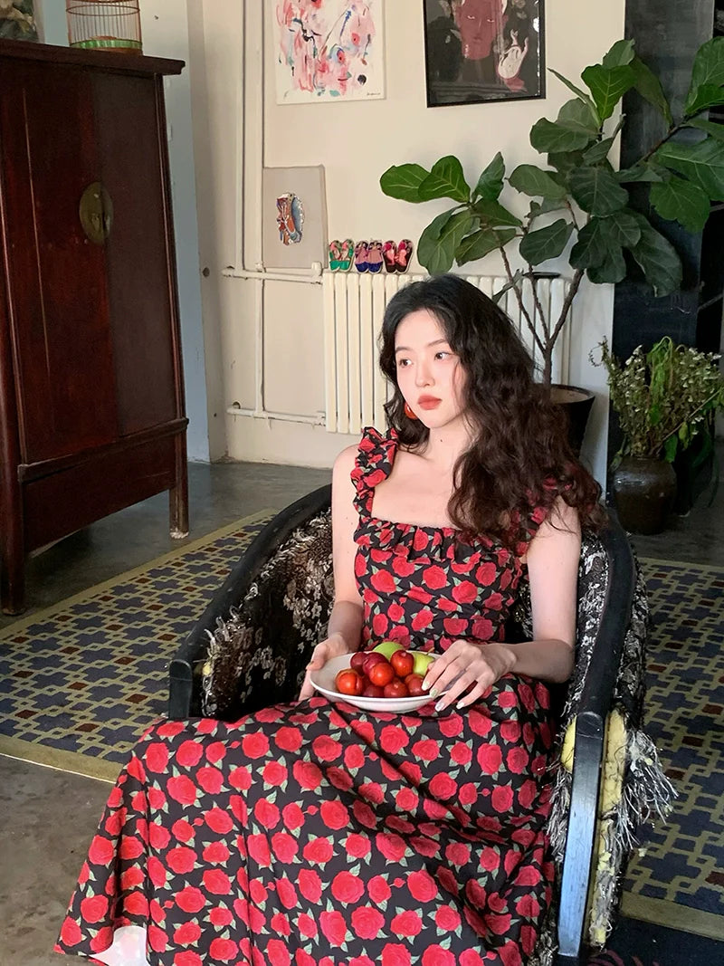 Red Rose Ruffle Slip Maxi Dress