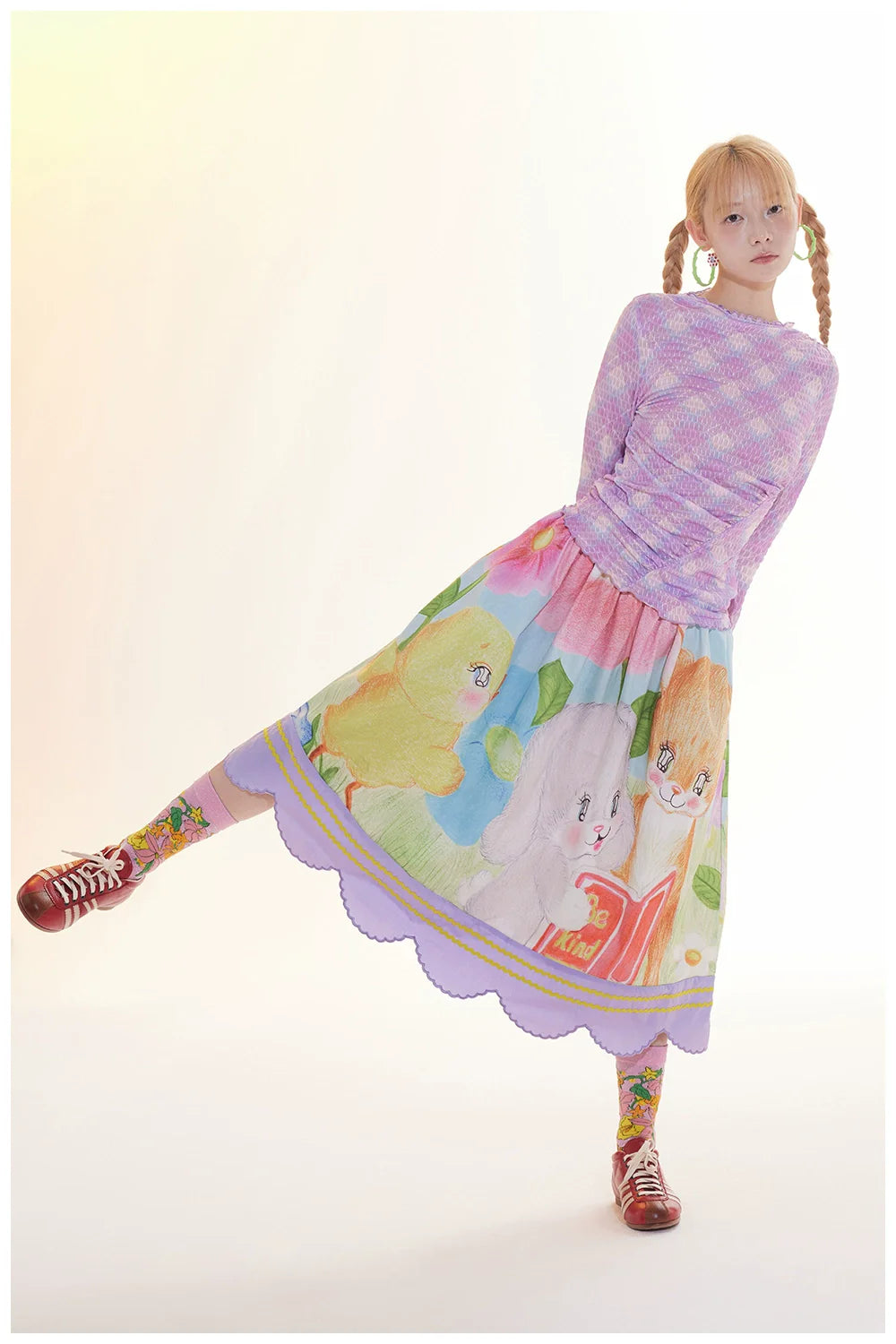 Pastel Garden Print Scalloped Midi Skirt