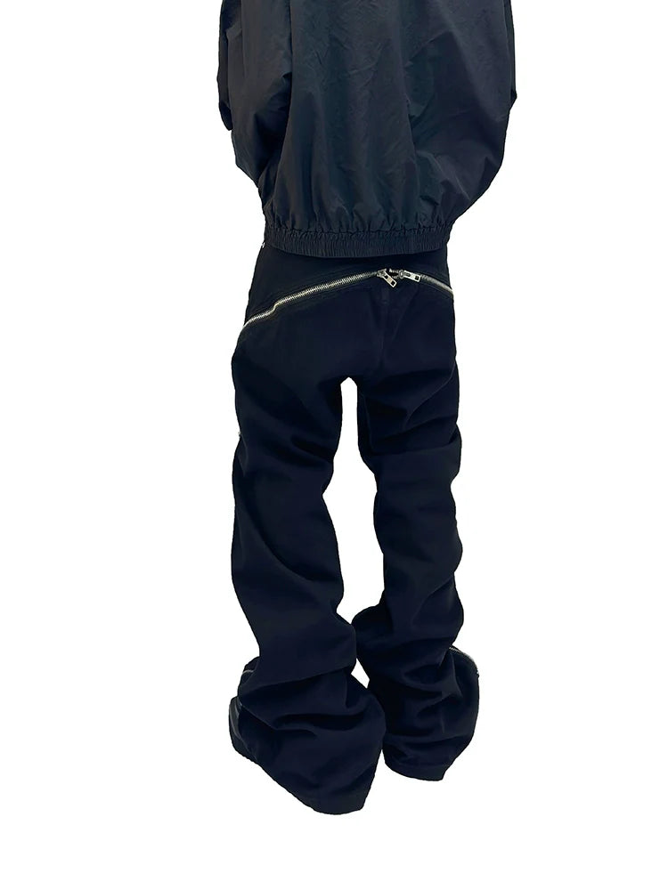 Black Wide-Leg Jeans with Exposed Curved Zippers