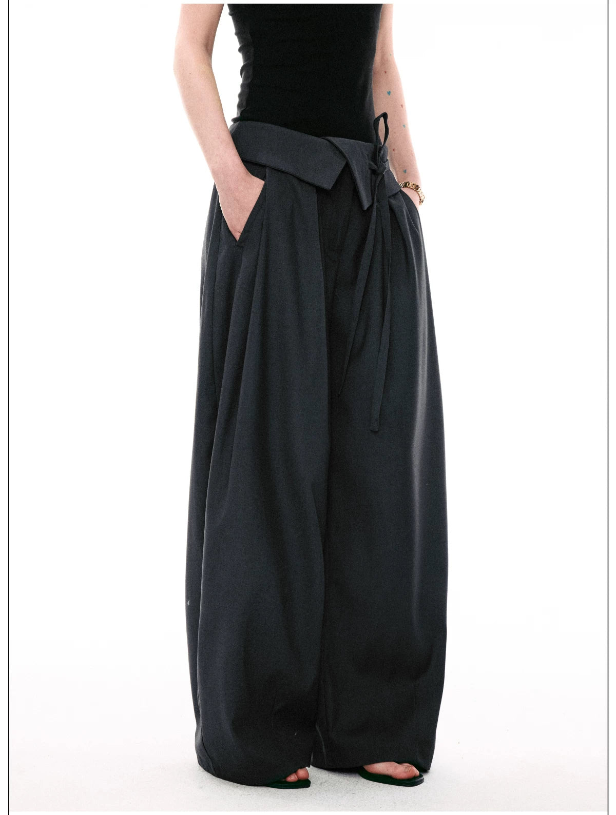 Foldover Tie-Waist Wide Trousers