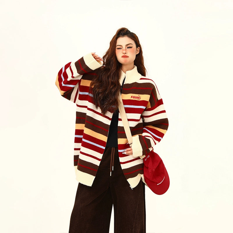Striped Oversized Knit Zip-Up Sweater