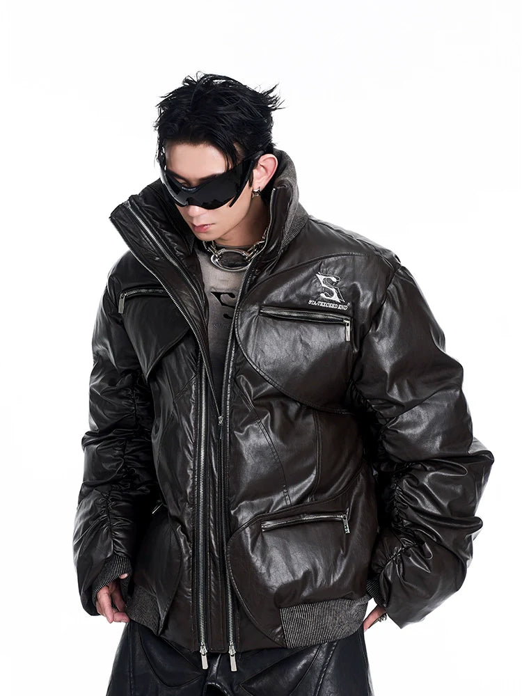 Stand Collar Multi-Pocket Leather Puffer Jacket